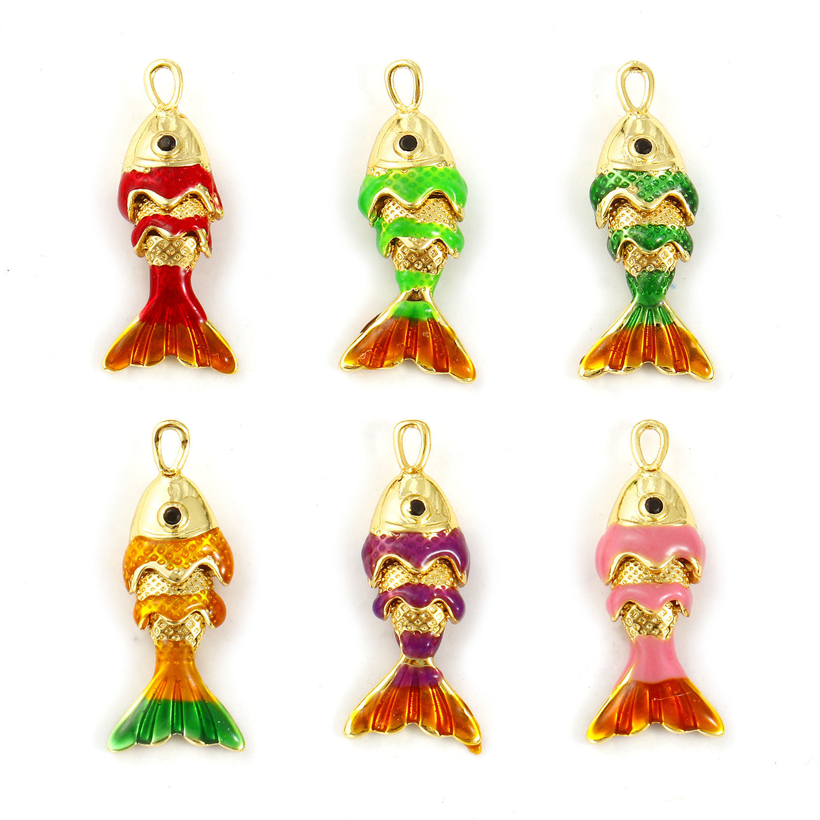 Picture of Brass Ocean Jewelry Charms 18K Gold Plated Enamel Fish Animal 3D Movable Black Cubic Zirconia 22mm x 9mm