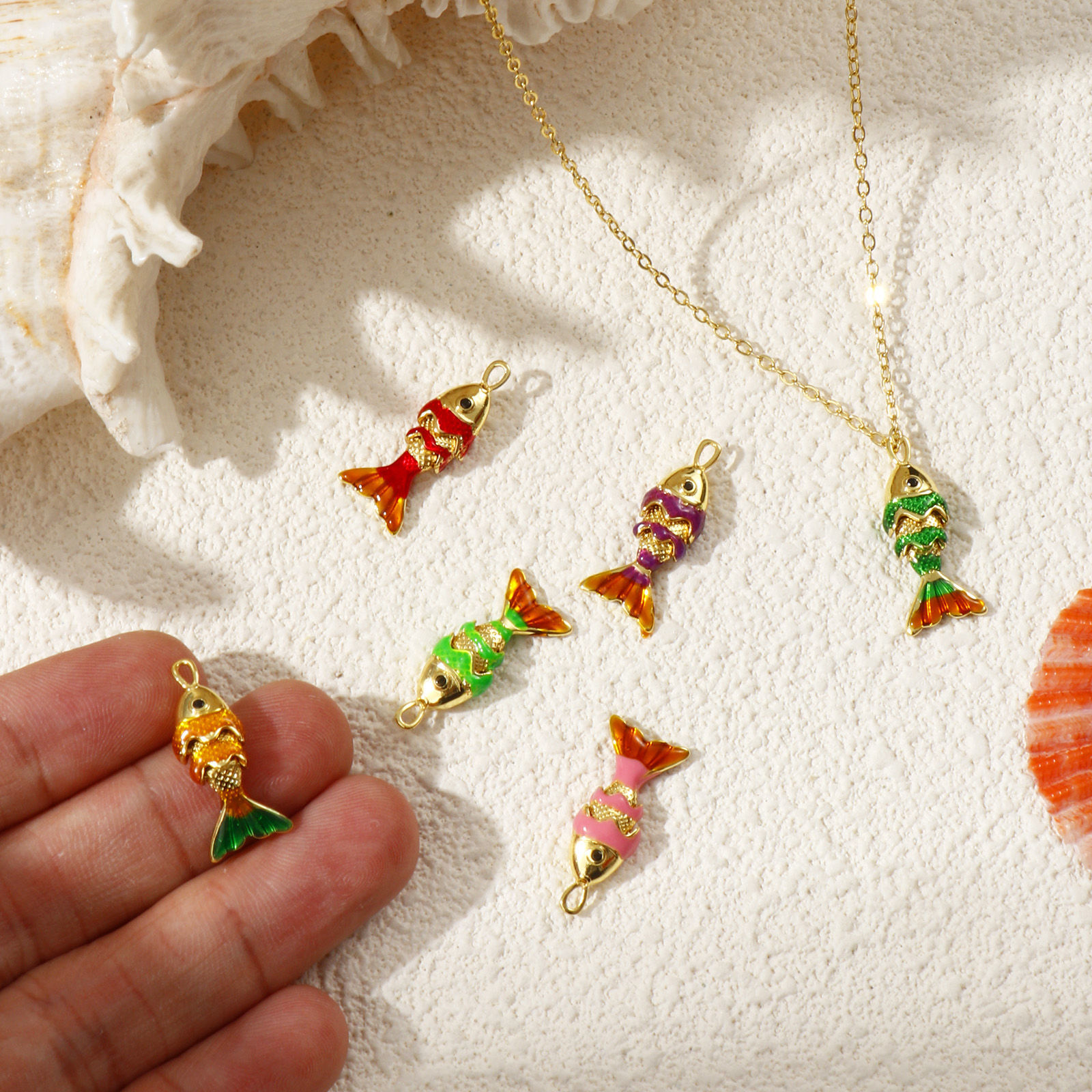 Picture of Brass Ocean Jewelry Charms 18K Gold Plated Enamel Fish Animal 3D Movable Black Cubic Zirconia 22mm x 9mm