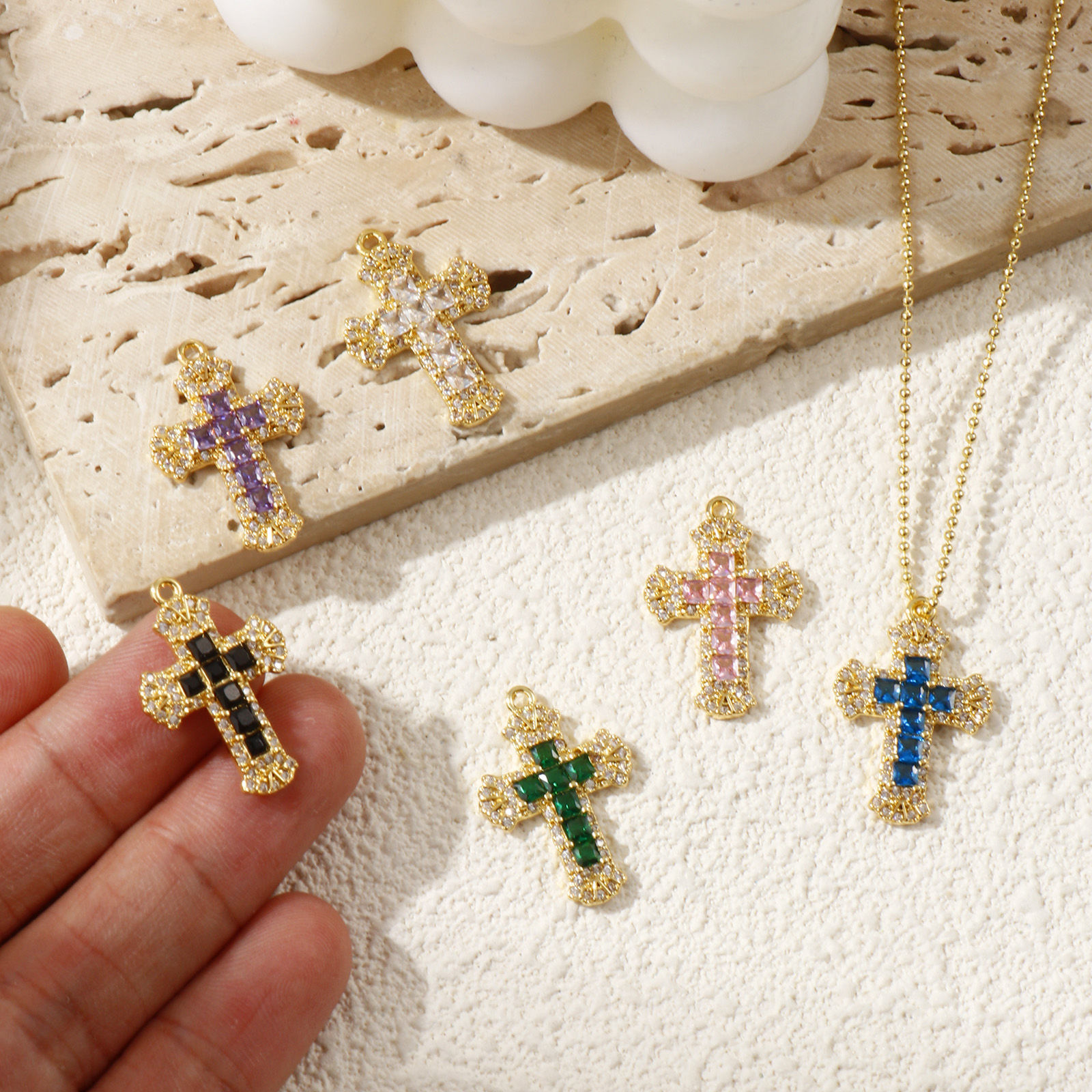 Picture of Brass & Cubic Zirconia Religious Charms 18K Gold Plated Cross Micro Pave 23.5mm x 16mm