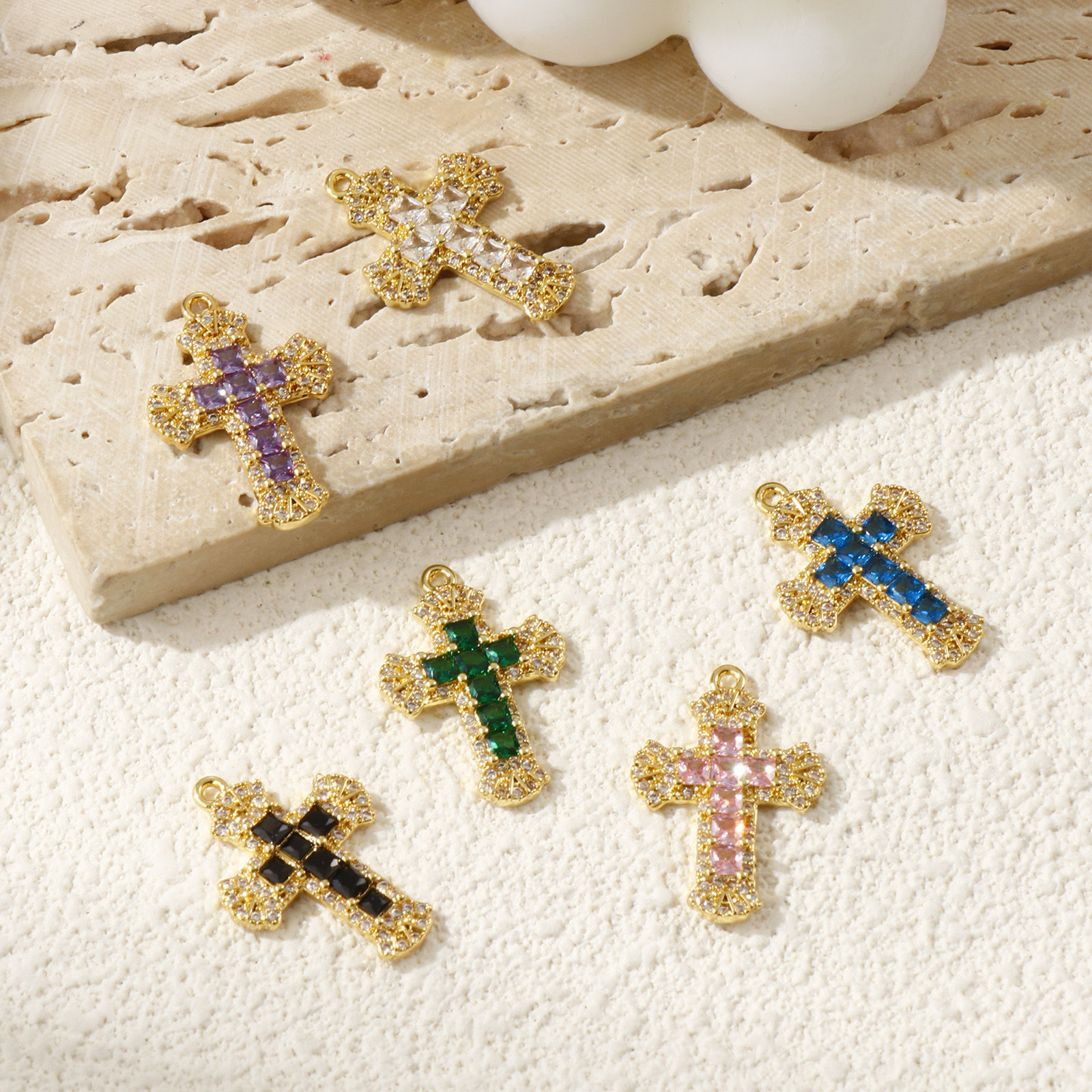 Picture of Brass & Cubic Zirconia Religious Charms 18K Gold Plated Cross Micro Pave 23.5mm x 16mm