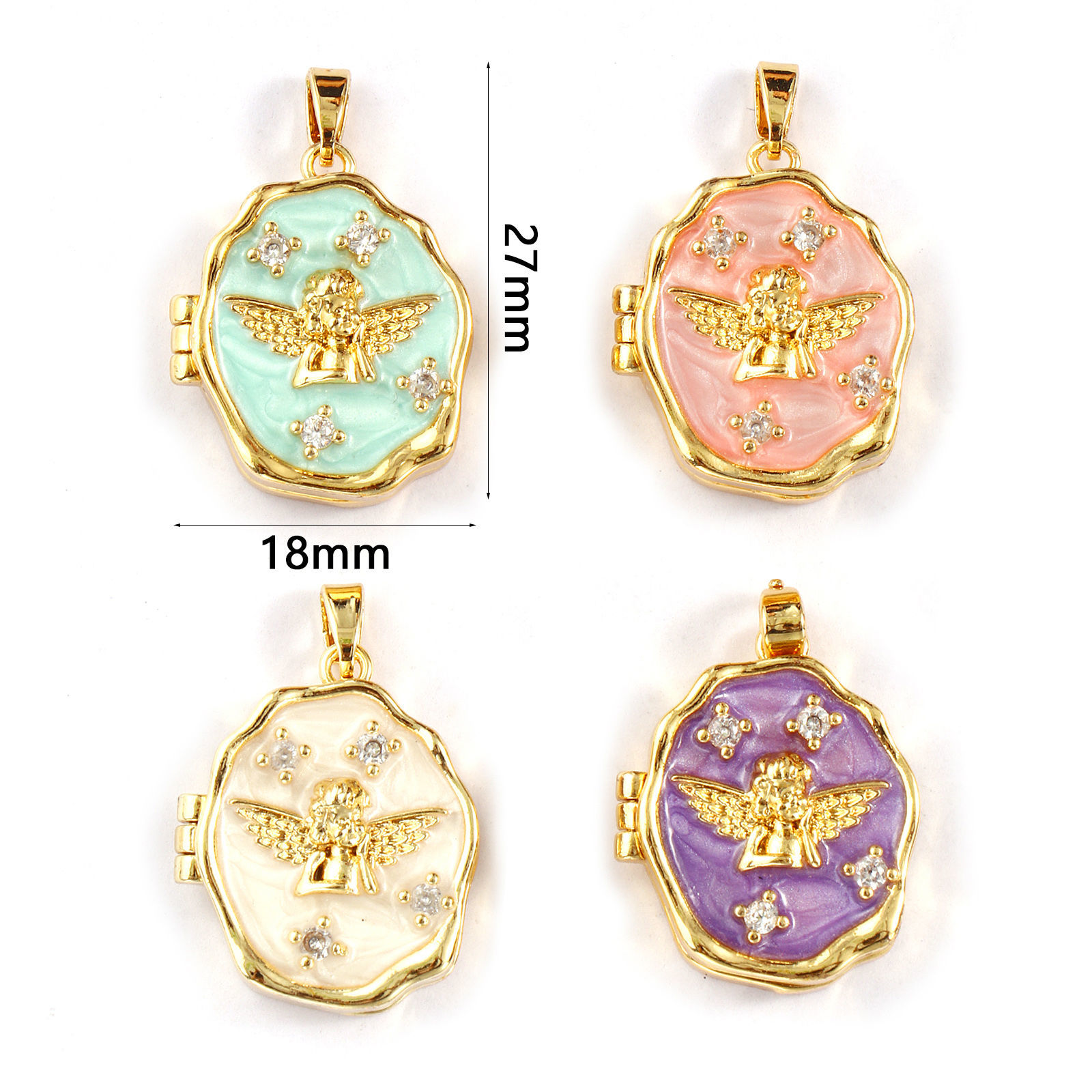 Изображение 2 ШТ Латунь религия Рамка медальон подвеска 18K позолоченный С Эмалью Бесформенный Ангел Можно Открыть Прозрачный Искусственный Циркон 27мм x 18мм
