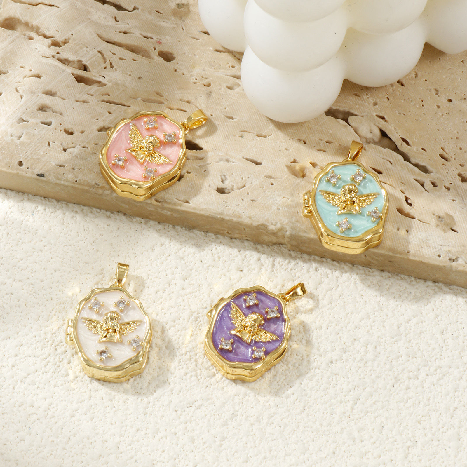 Изображение 2 ШТ Латунь религия Рамка медальон подвеска 18K позолоченный С Эмалью Бесформенный Ангел Можно Открыть Прозрачный Искусственный Циркон 27мм x 18мм