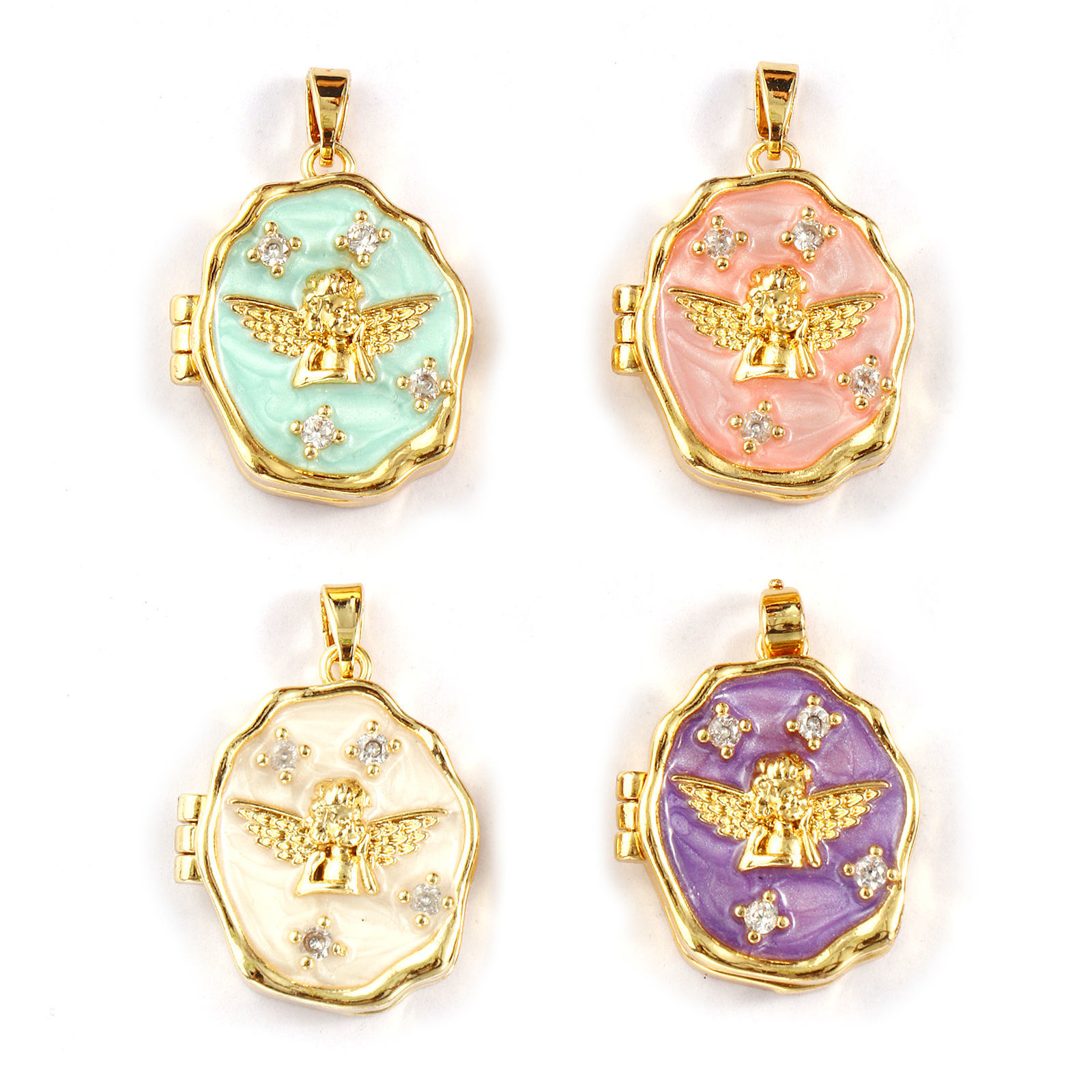 Изображение 2 ШТ Латунь религия Рамка медальон подвеска 18K позолоченный С Эмалью Бесформенный Ангел Можно Открыть Прозрачный Искусственный Циркон 27мм x 18мм