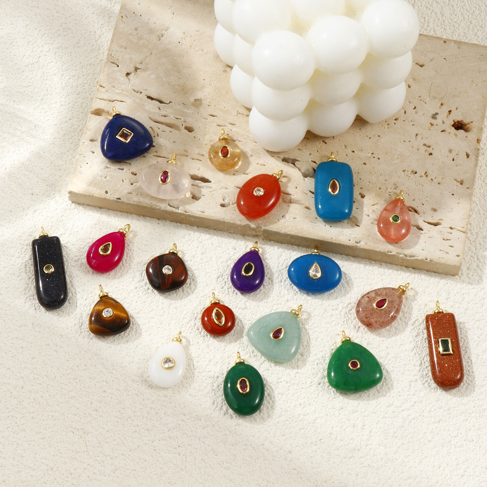 Picture of Eco-friendly Brass & Cubic Zirconia & Gemstone Geometric Charms 18K Real Gold Plated