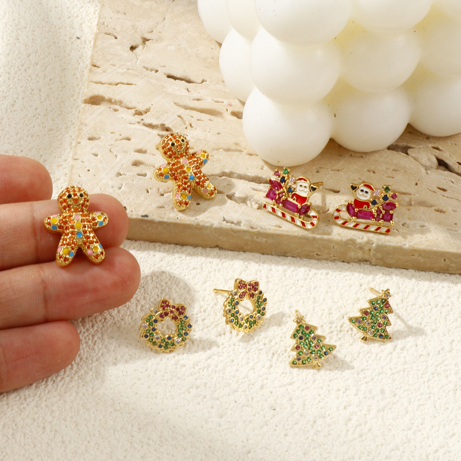 Picture of Sweet & Cute Exquisite 18K Gold Plated Brass & Cubic Zirconia Christmas Ear Post Stud Earrings For Women Gift