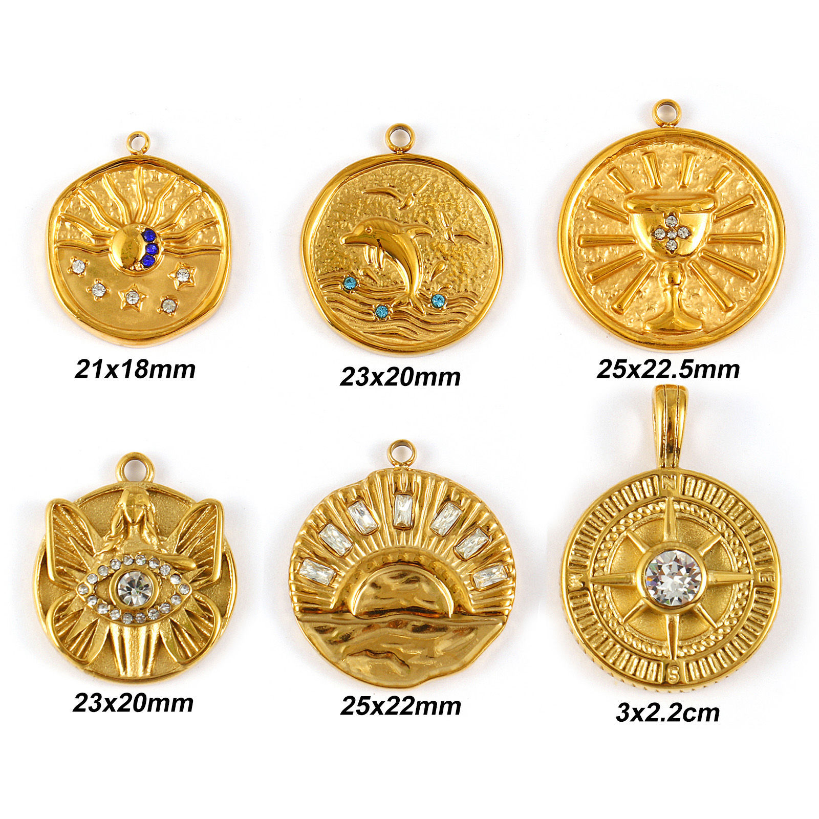 Bild von Umweltfreundliche PVD-Vakuumbeschichtung 304 Edelstahl & Strass Charms 18K Echtgold plattiert Rund Scheibe