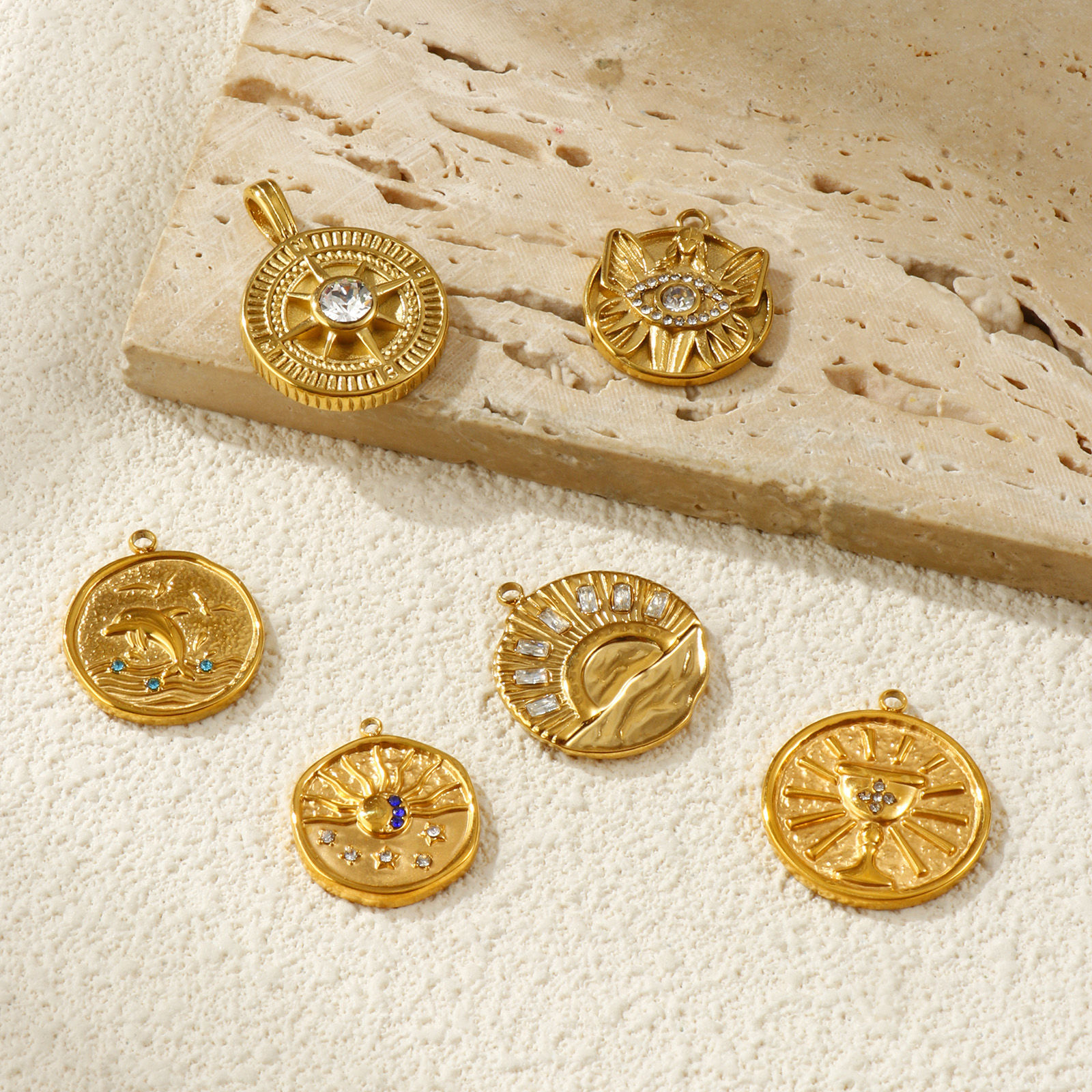 Bild von Umweltfreundliche PVD-Vakuumbeschichtung 304 Edelstahl & Strass Charms 18K Echtgold plattiert Rund Scheibe