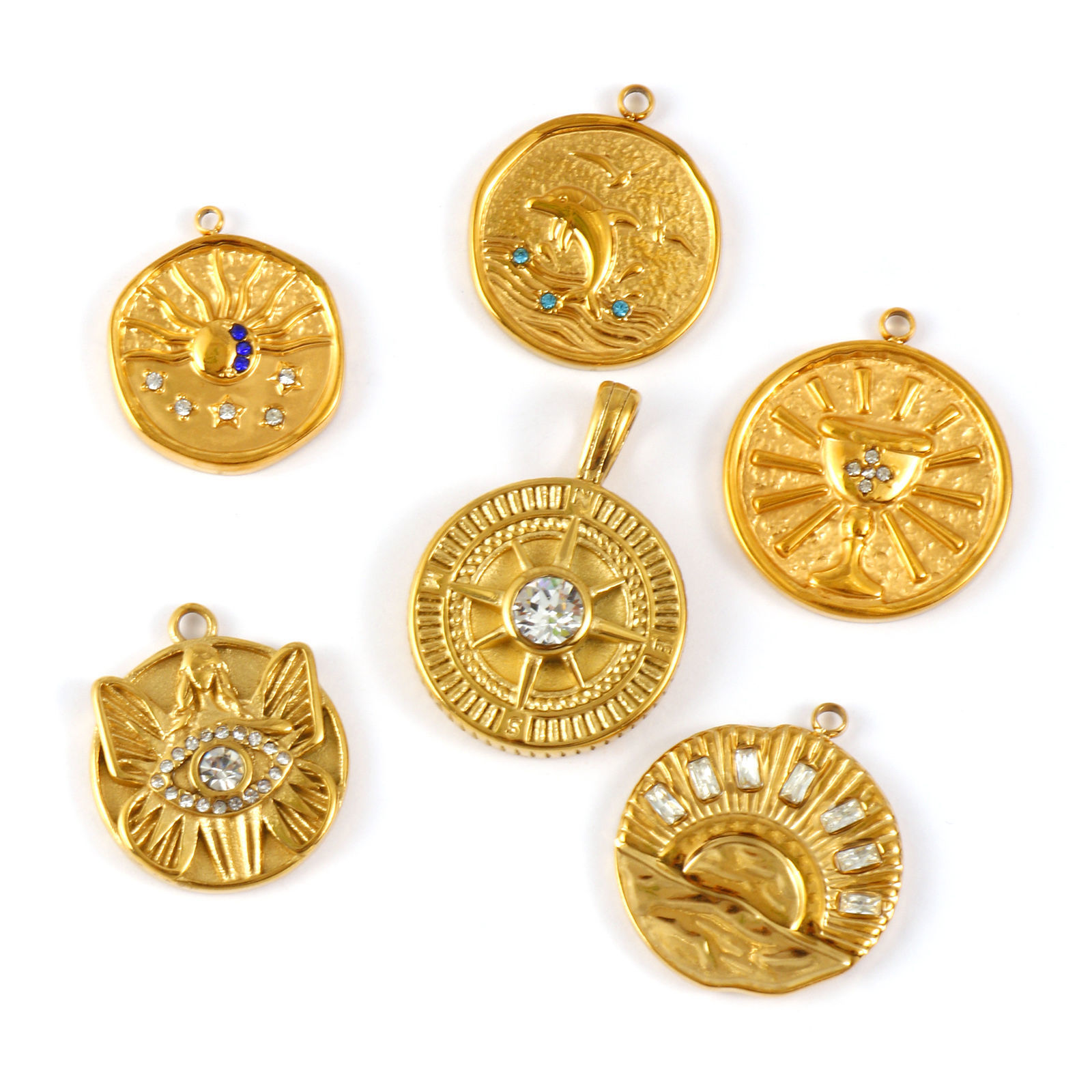 Bild von Umweltfreundliche PVD-Vakuumbeschichtung 304 Edelstahl & Strass Charms 18K Echtgold plattiert Rund Scheibe