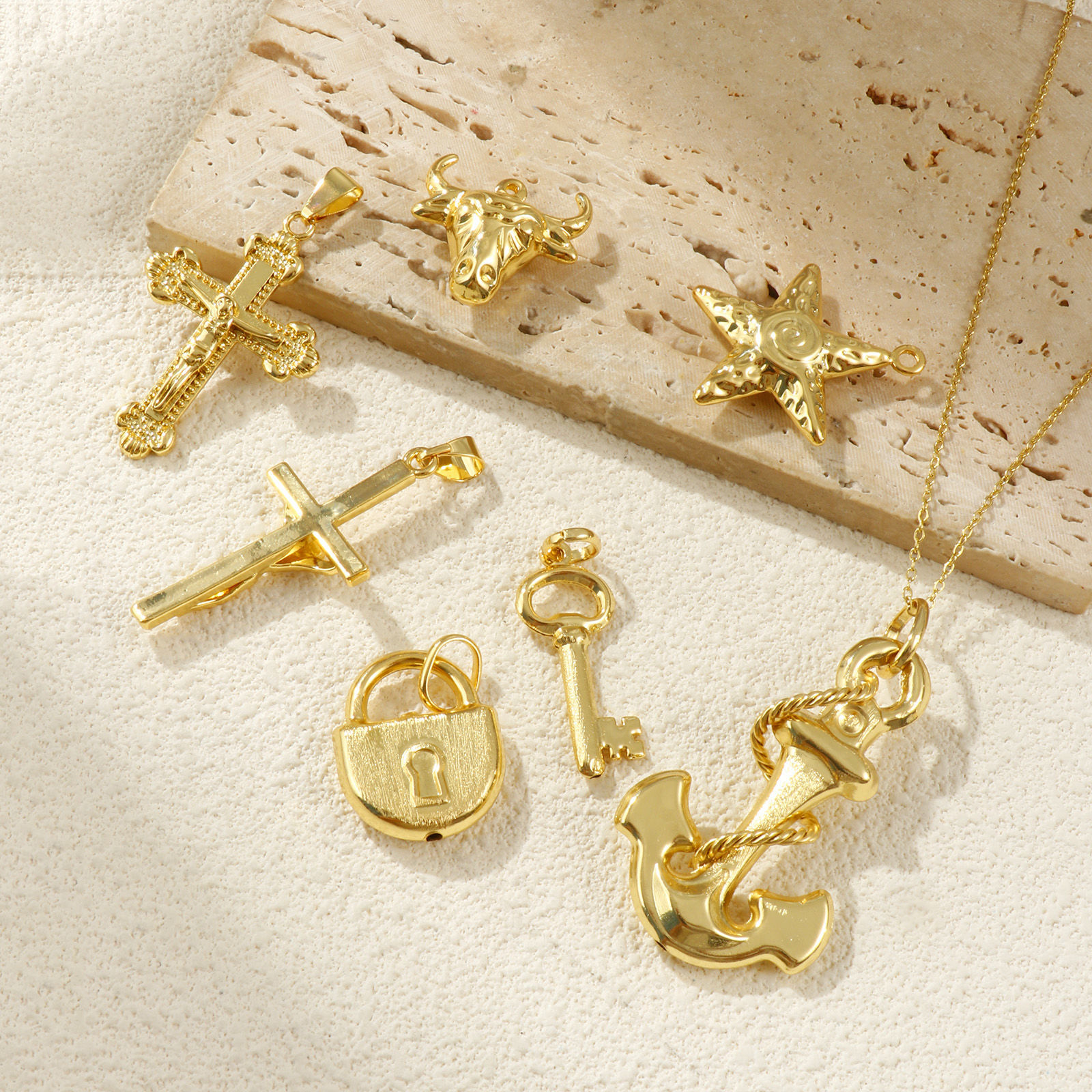 Изображение 1 ШТ Экологичный Латунь Подвески 18K настоящее золото с покрытием Якорь Крест