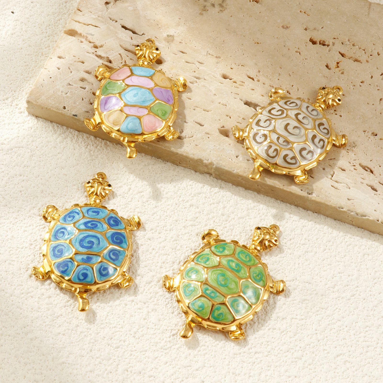 Picture of Eco-friendly PVD Vacuum Plating 304 Stainless Steel Ocean Jewelry Pendants 18K Real Gold Plated Enamel Sea Turtle Animal Pearlized Black Rhinestone 5.7cm x 3.5cm