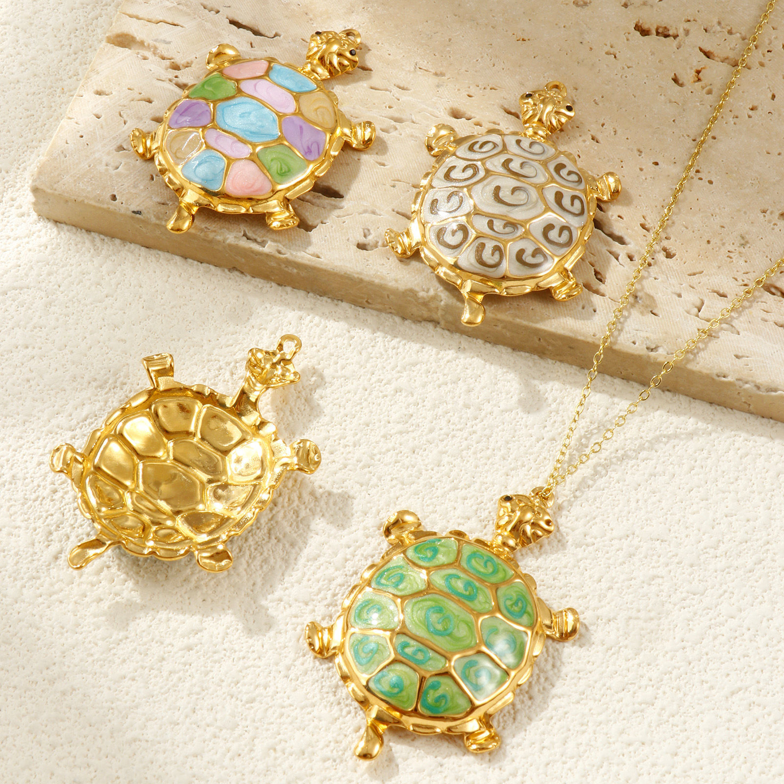 Picture of Eco-friendly PVD Vacuum Plating 304 Stainless Steel Ocean Jewelry Pendants 18K Real Gold Plated Enamel Sea Turtle Animal Pearlized Black Rhinestone 5.7cm x 3.5cm