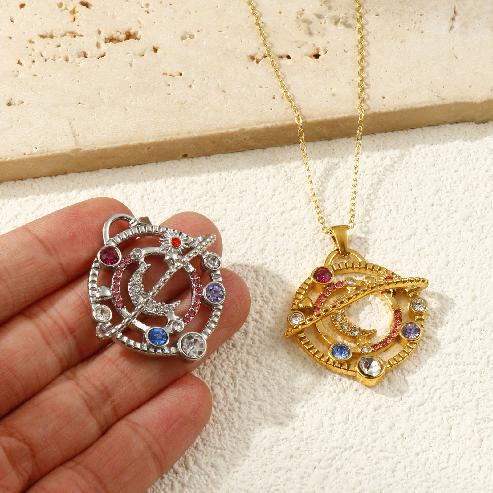 Picture of Eco-friendly PVD Vacuum Plating 304 Stainless Steel Galaxy Pendants 18K Real Gold Plated Planet Hollow Multicolor Rhinestone 4cm x 3.2cm
