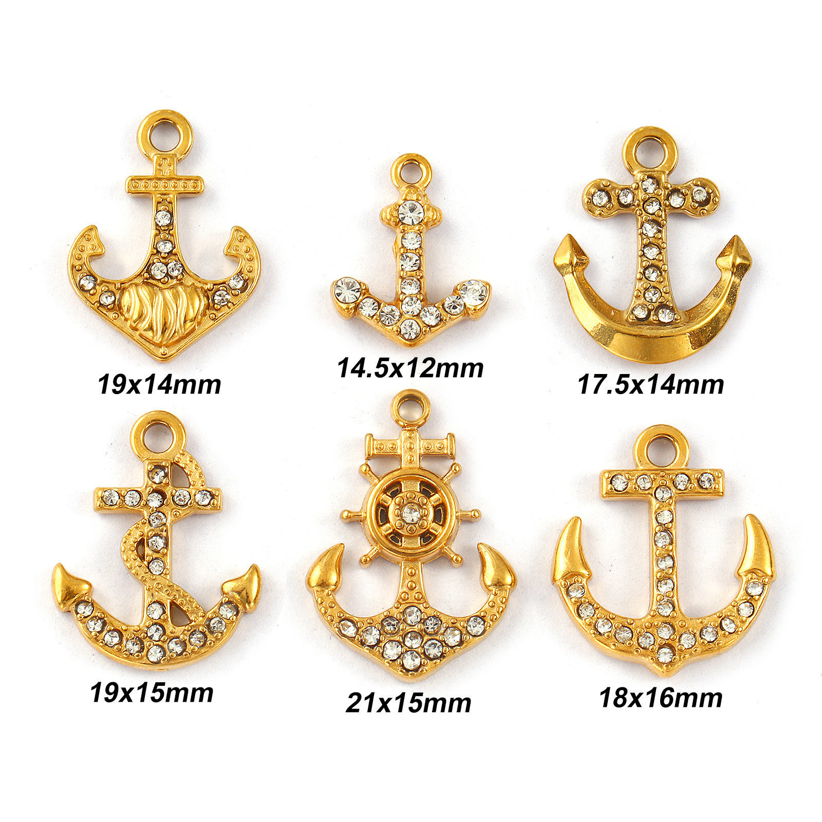 Picture of 2 PCs Eco-friendly PVD Vacuum Plating 304 Stainless Steel Charms 18K Real Gold Plated Anchor Micro Pave Clear Rhinestone