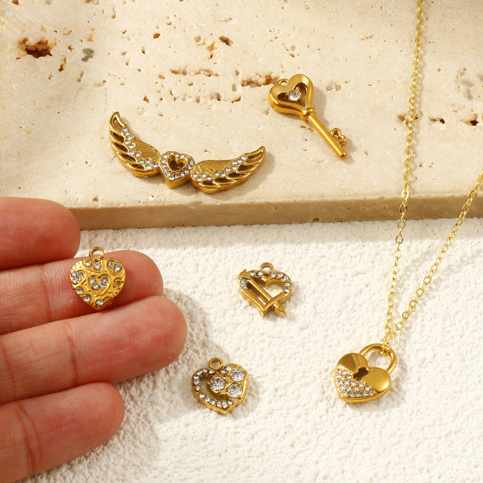 Picture of 2 PCs Eco-friendly PVD Vacuum Plating 304 Stainless Steel Valentine's Day Charms 18K Real Gold Plated Micro Pave Clear Rhinestone