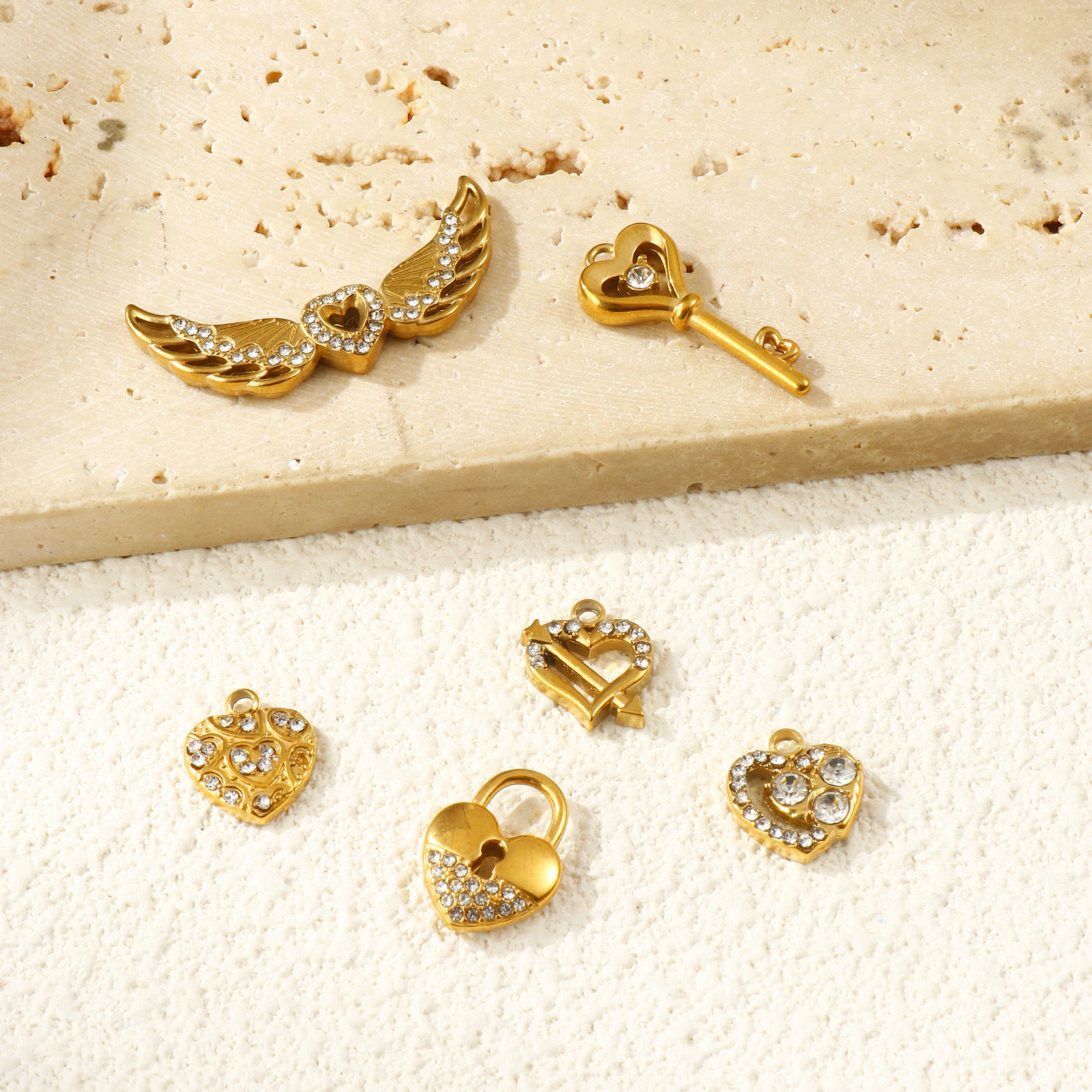 Picture of 2 PCs Eco-friendly PVD Vacuum Plating 304 Stainless Steel Valentine's Day Charms 18K Real Gold Plated Micro Pave Clear Rhinestone