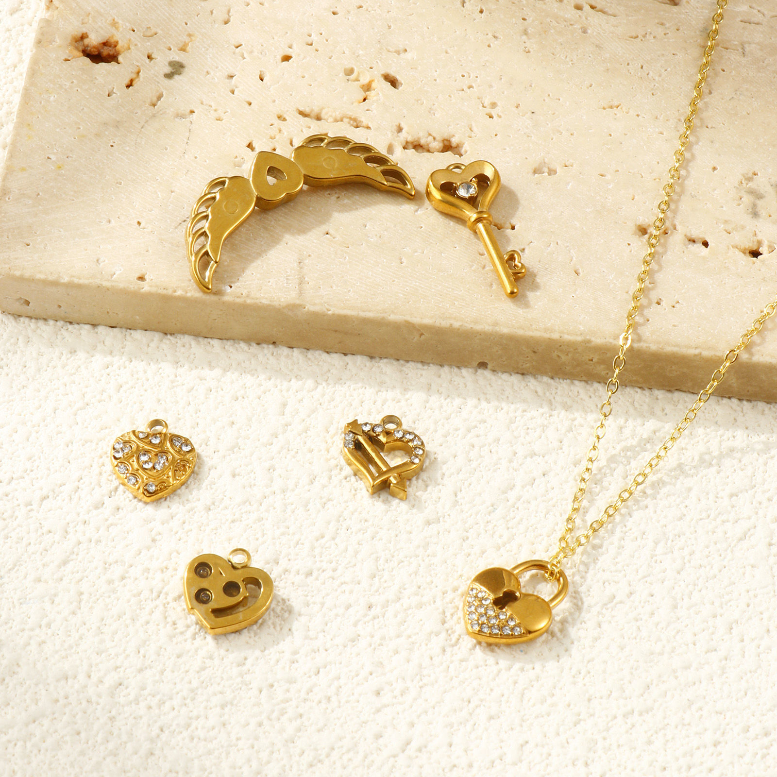 Picture of 2 PCs Eco-friendly PVD Vacuum Plating 304 Stainless Steel Valentine's Day Charms 18K Real Gold Plated Micro Pave Clear Rhinestone