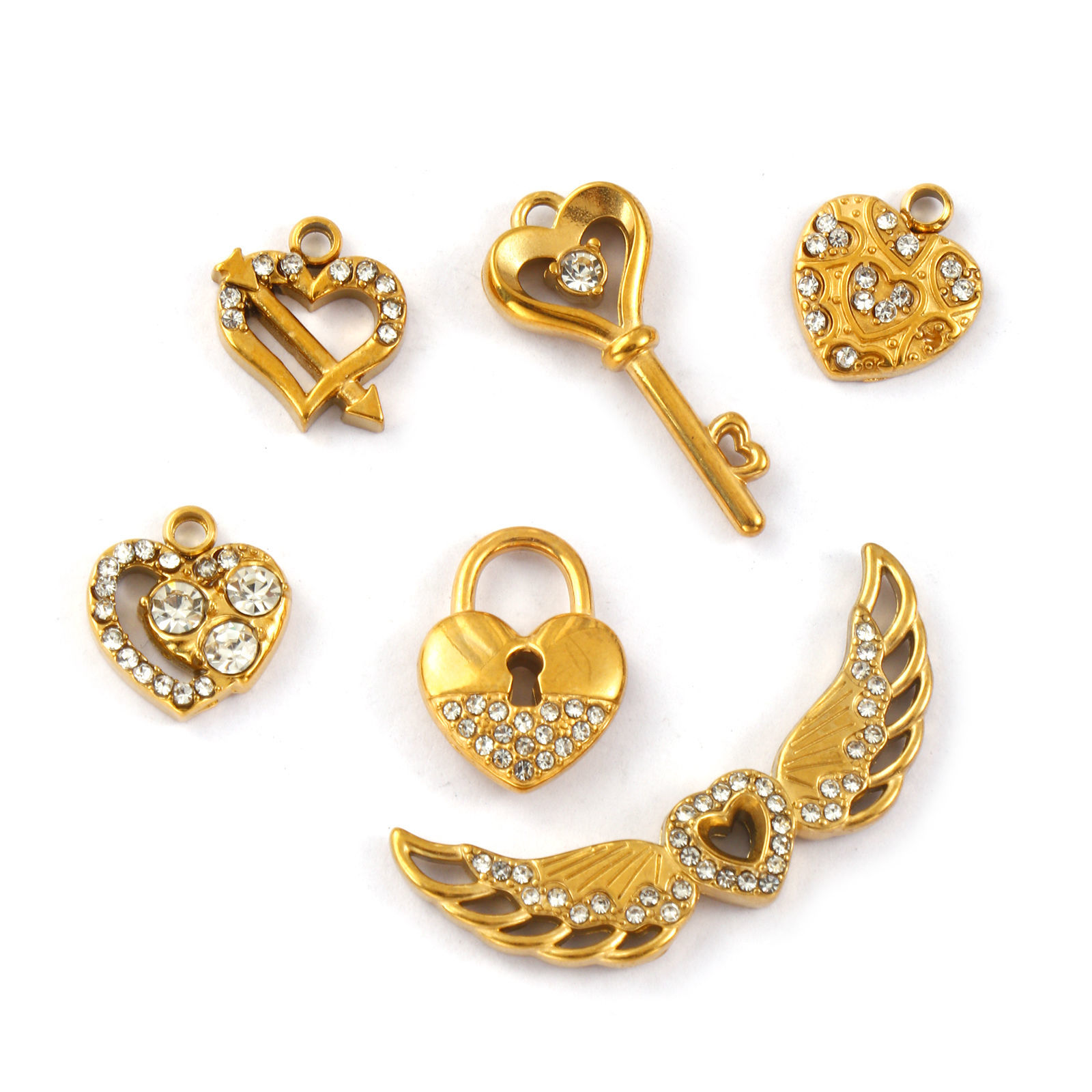 Picture of 2 PCs Eco-friendly PVD Vacuum Plating 304 Stainless Steel Valentine's Day Charms 18K Real Gold Plated Micro Pave Clear Rhinestone