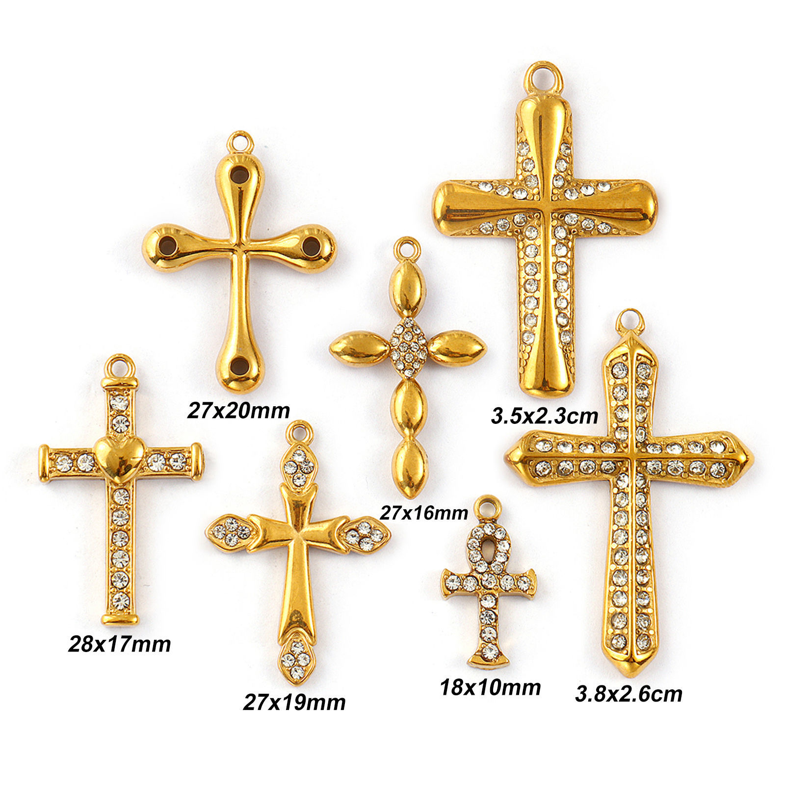 Picture of Eco-friendly PVD Vacuum Plating 304 Stainless Steel Religious Charms 18K Real Gold Plated Cross Clear Rhinestone