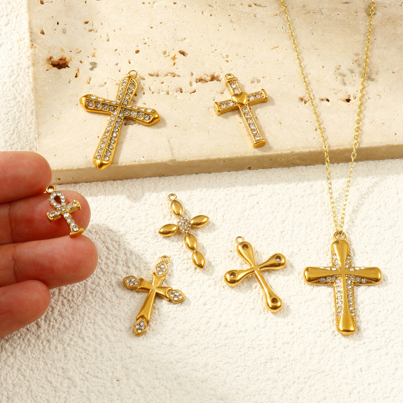Picture of Eco-friendly PVD Vacuum Plating 304 Stainless Steel Religious Charms 18K Real Gold Plated Cross Clear Rhinestone