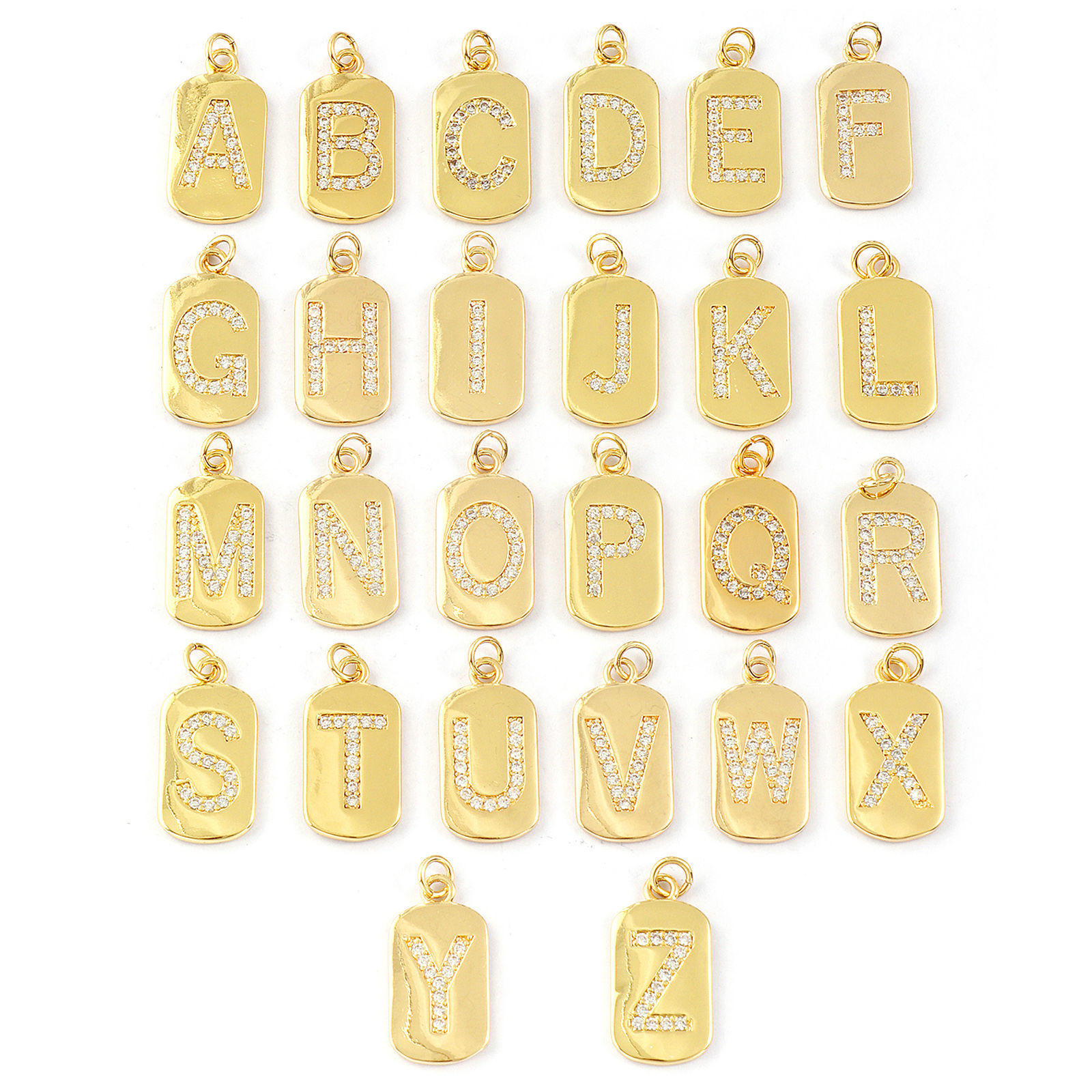 Изображение 1 ШТ Экологичный Латунь прописная буква Подвески 14K настоящее золото с покрытием Прямоугольник Сообщение " A-Z " Бижутерия усыпанная мелким фианит Прозрачный Искусственный Циркон 26мм x 12мм