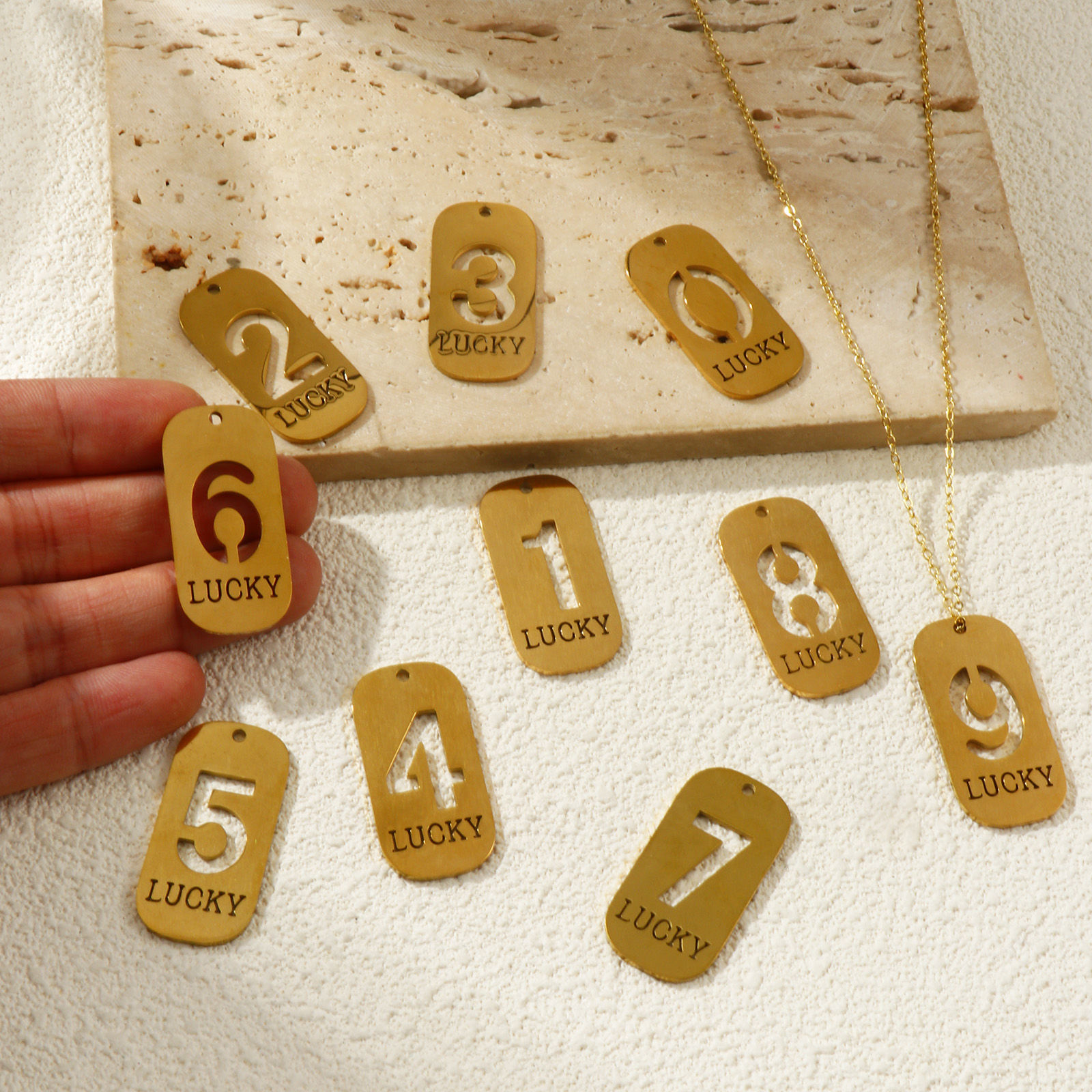 Picture of Eco-friendly PVD Vacuum Plating 304 Stainless Steel Pendants 18K Real Gold Plated Rectangle Lucky Number Message " 0-9 " Mirror Polishing 3.5cm x 1.7cm