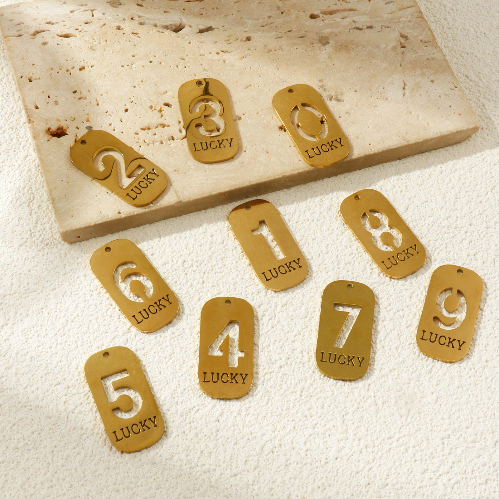 Picture of Eco-friendly PVD Vacuum Plating 304 Stainless Steel Pendants 18K Real Gold Plated Rectangle Lucky Number Message " 0-9 " Mirror Polishing 3.5cm x 1.7cm