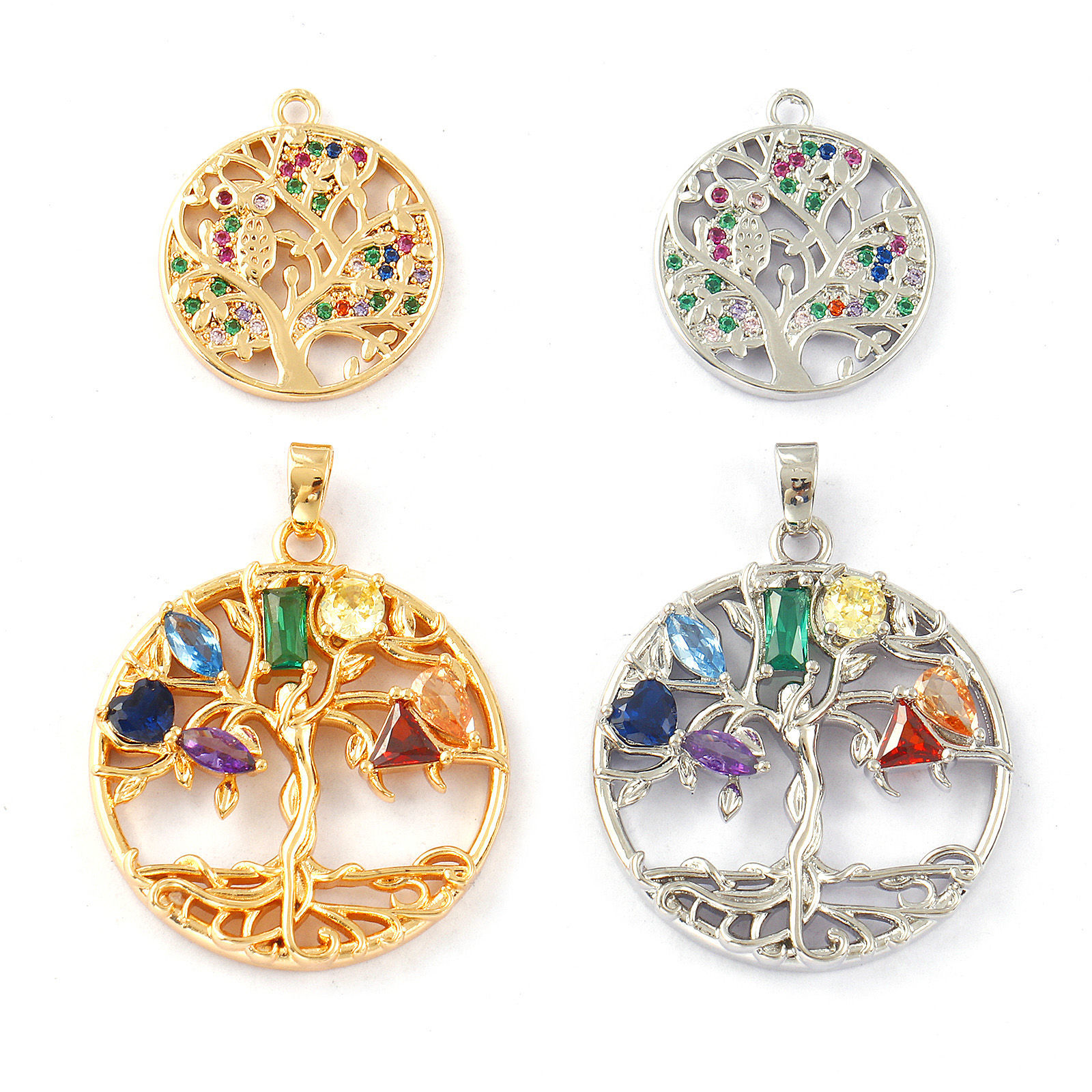 Bild von Eco-friendly Brass Charms Real Gold Plated Round Tree of Life Micro Pave Multicolour Cubic Zirconia