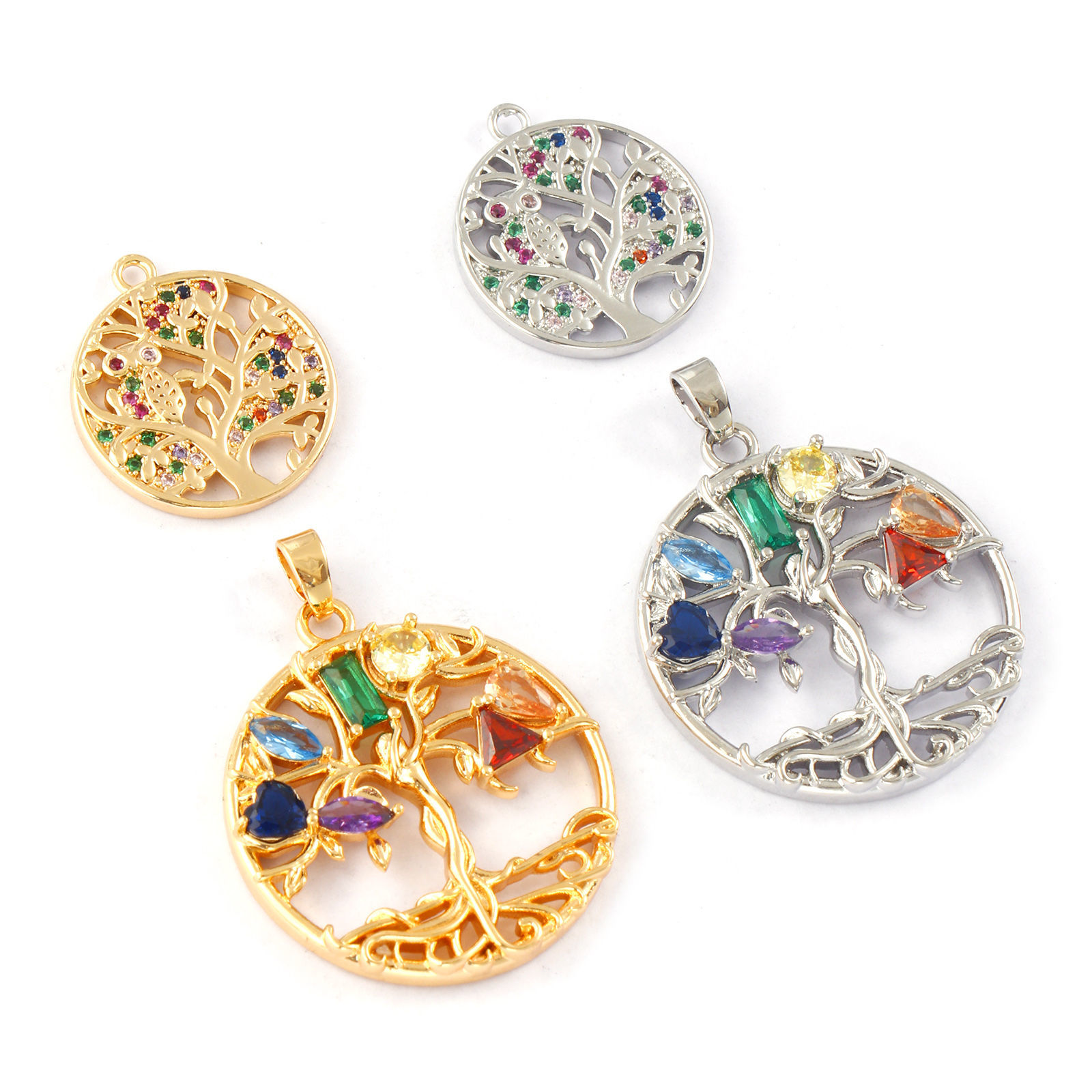 Bild von Eco-friendly Brass Charms Real Gold Plated Round Tree of Life Micro Pave Multicolour Cubic Zirconia