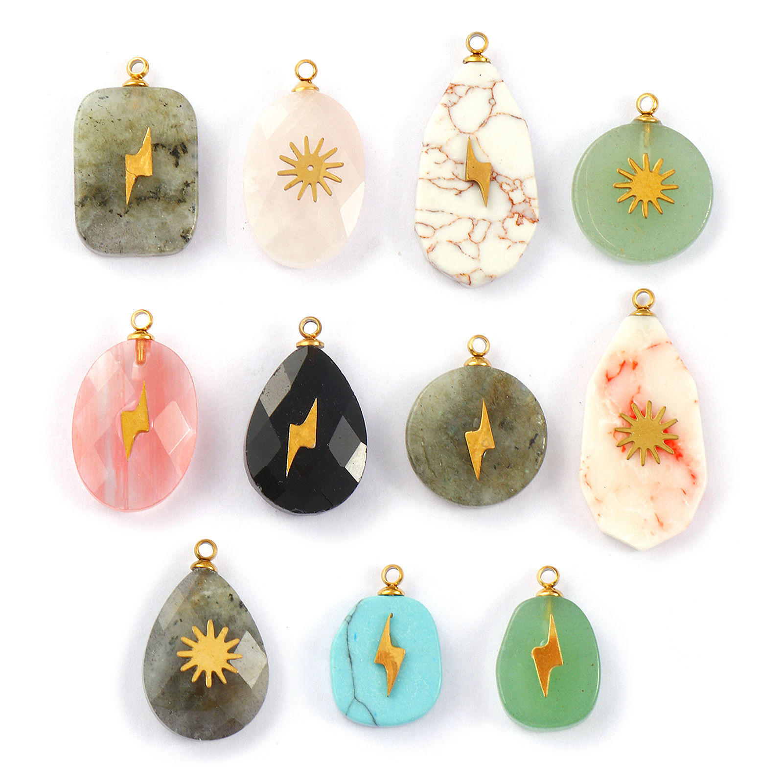 Picture of Eco-friendly 304 Stainless Steel & Gemstone Geometric Charms Gold Plated Multicolor Lightning