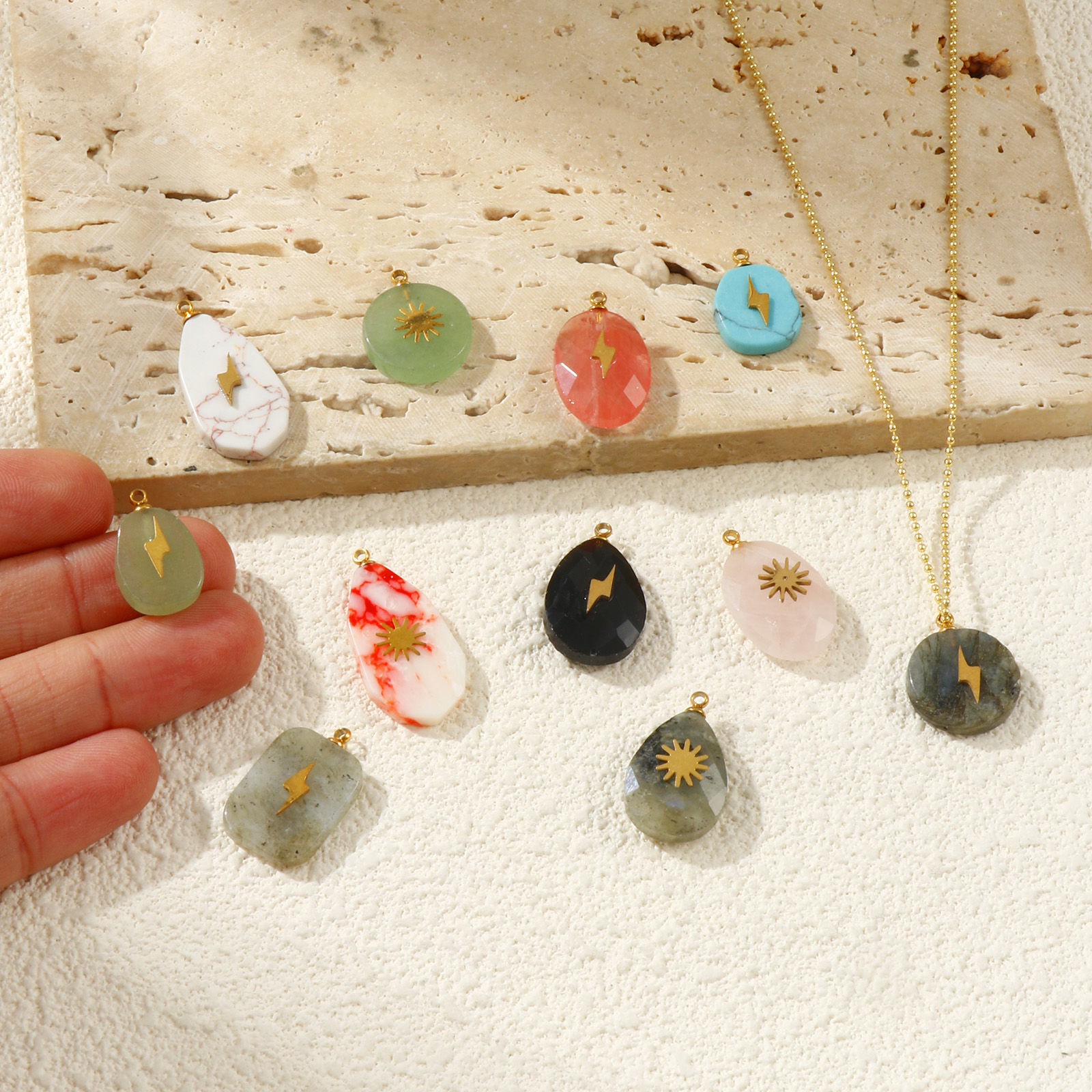 Picture of Eco-friendly 304 Stainless Steel & Gemstone Geometric Charms Gold Plated Multicolor Lightning