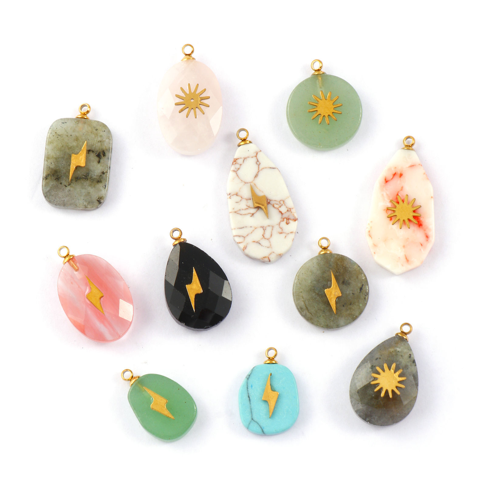 Picture of Eco-friendly 304 Stainless Steel & Gemstone Geometric Charms Gold Plated Multicolor Lightning
