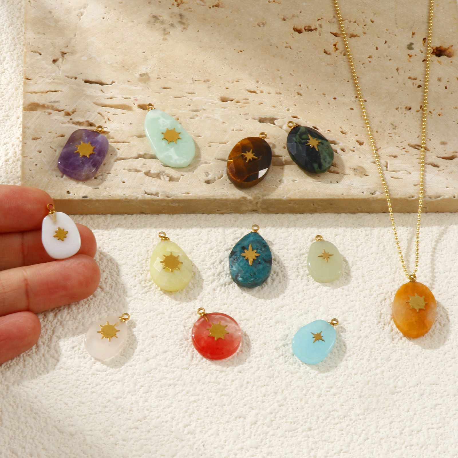 Picture of Eco-friendly 304 Stainless Steel & Gemstone Geometric Charms Gold Plated Multicolor Star