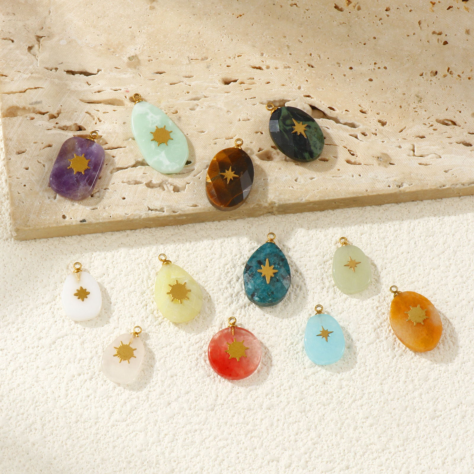 Picture of Eco-friendly 304 Stainless Steel & Gemstone Geometric Charms Gold Plated Multicolor Star