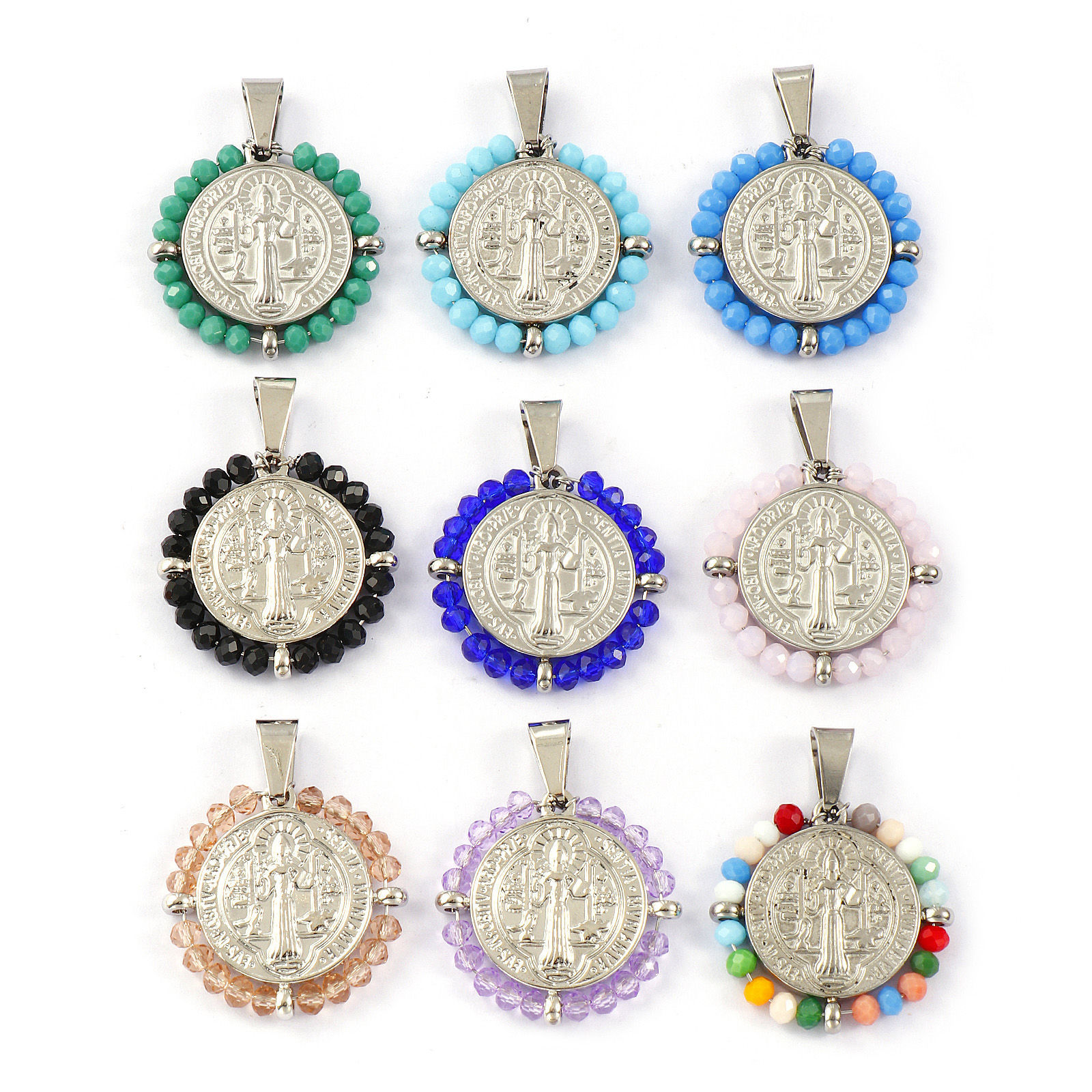 Изображение 1 ШТ Экологичный 304 Нержавеющая Сталь & Железо религия Подвески Серебряный Тон Круглые Диск Медаль Святого Бенедикта Двухсторонний 3.6см x 2.8см