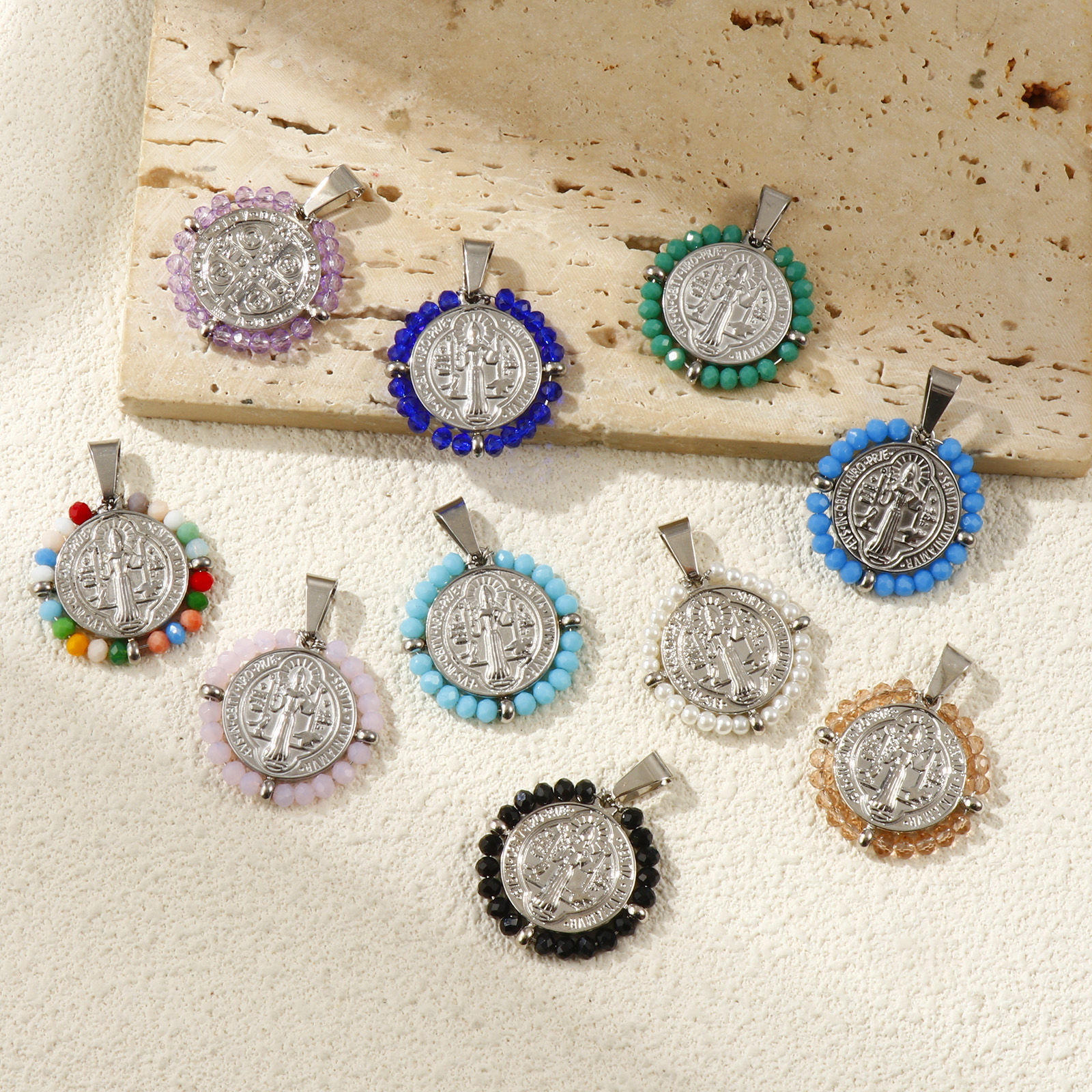 Изображение 1 ШТ Экологичный 304 Нержавеющая Сталь & Железо религия Подвески Серебряный Тон Круглые Диск Медаль Святого Бенедикта Двухсторонний 3.6см x 2.8см