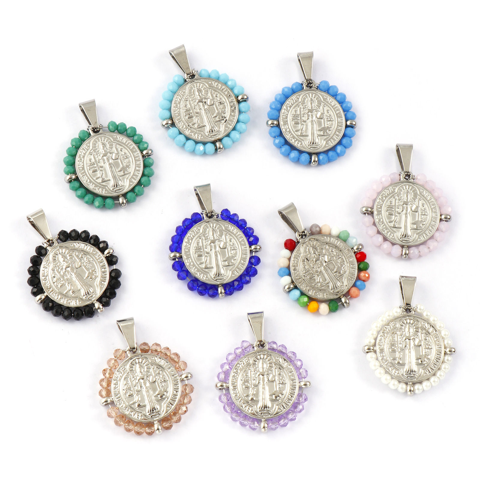 Изображение 1 ШТ Экологичный 304 Нержавеющая Сталь & Железо религия Подвески Серебряный Тон Круглые Диск Медаль Святого Бенедикта Двухсторонний 3.6см x 2.8см