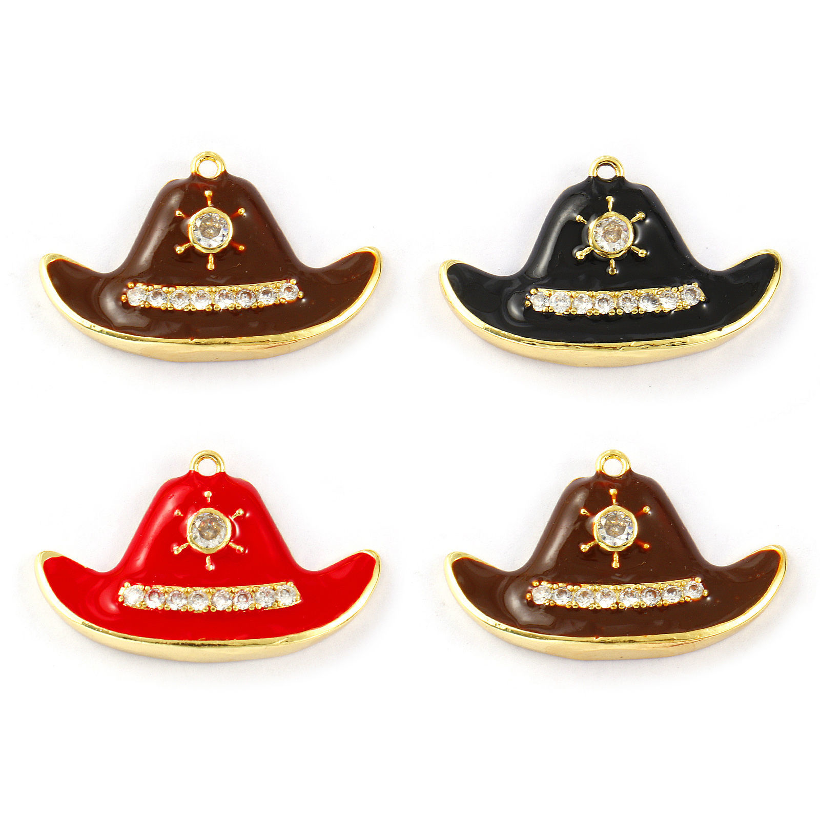 Изображение 1 Piece Brass Clothes Pendants 18K Gold Plated Enamel Bullfighter Hat Micro Pave Clear Cubic Zirconia 3.3cm x 2cm