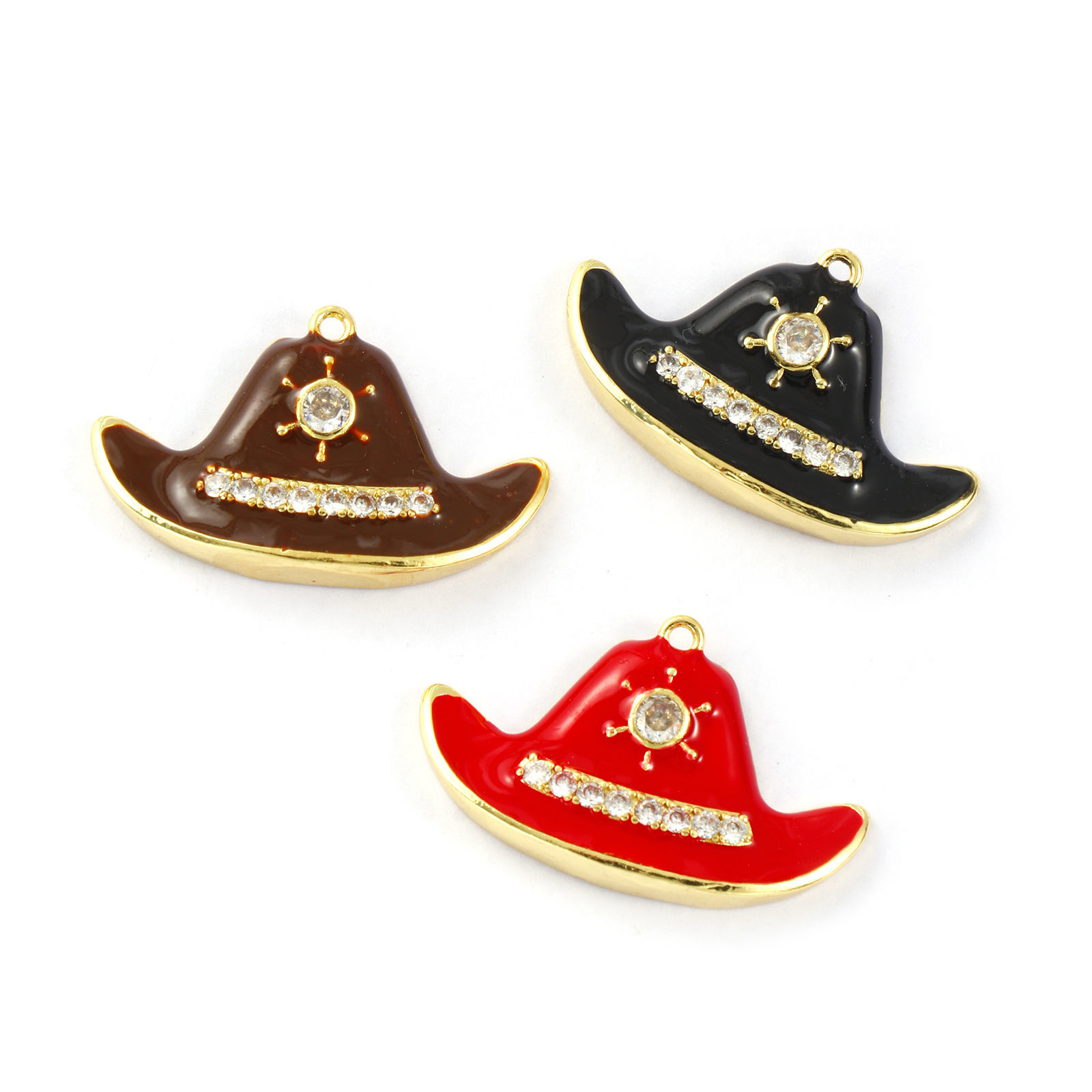 Изображение 1 Piece Brass Clothes Pendants 18K Gold Plated Enamel Bullfighter Hat Micro Pave Clear Cubic Zirconia 3.3cm x 2cm