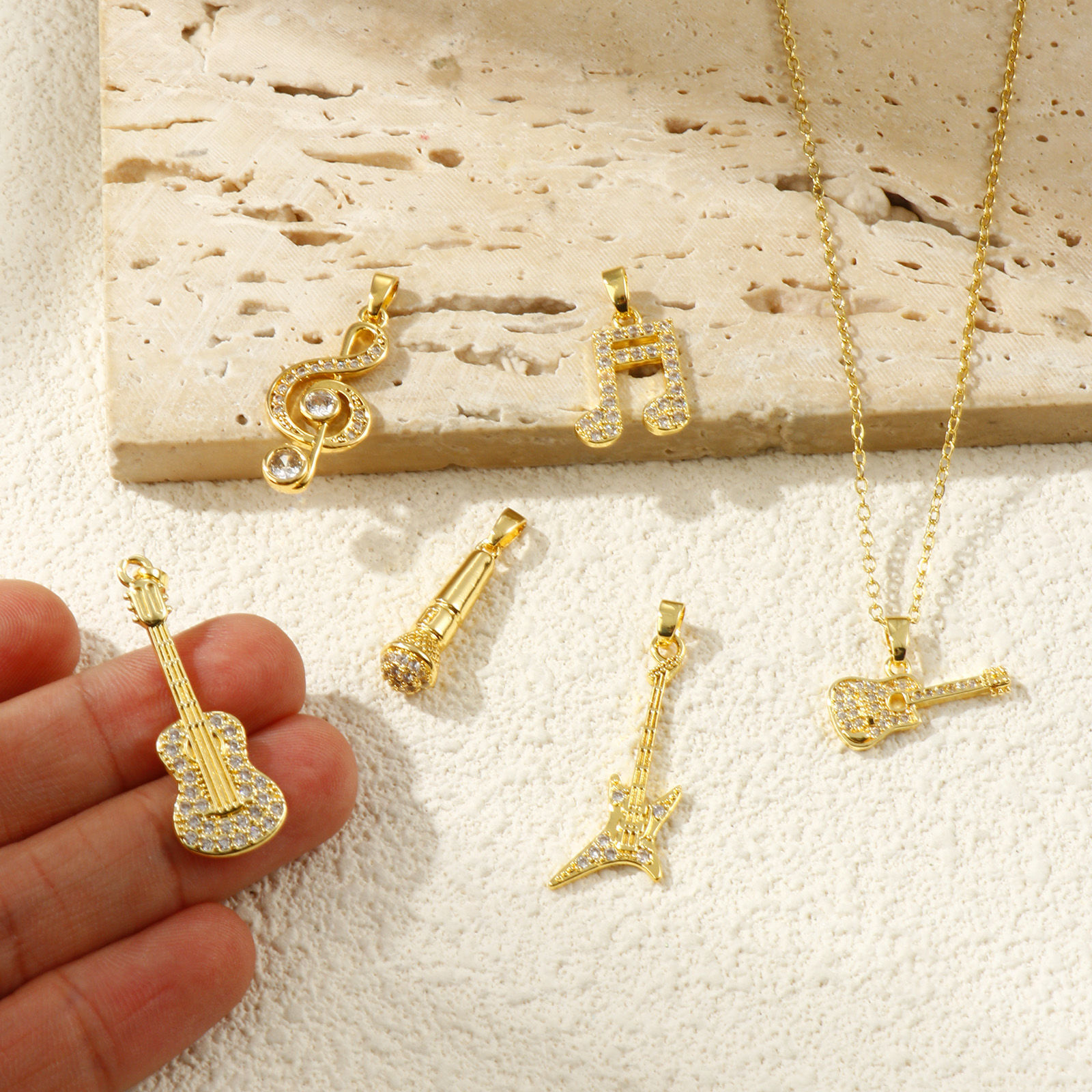 2 PCs Eco-friendly Brass Music Charm Pendant 18K Real Gold Plated Micro Pave Clear Cubic Zirconia の画像