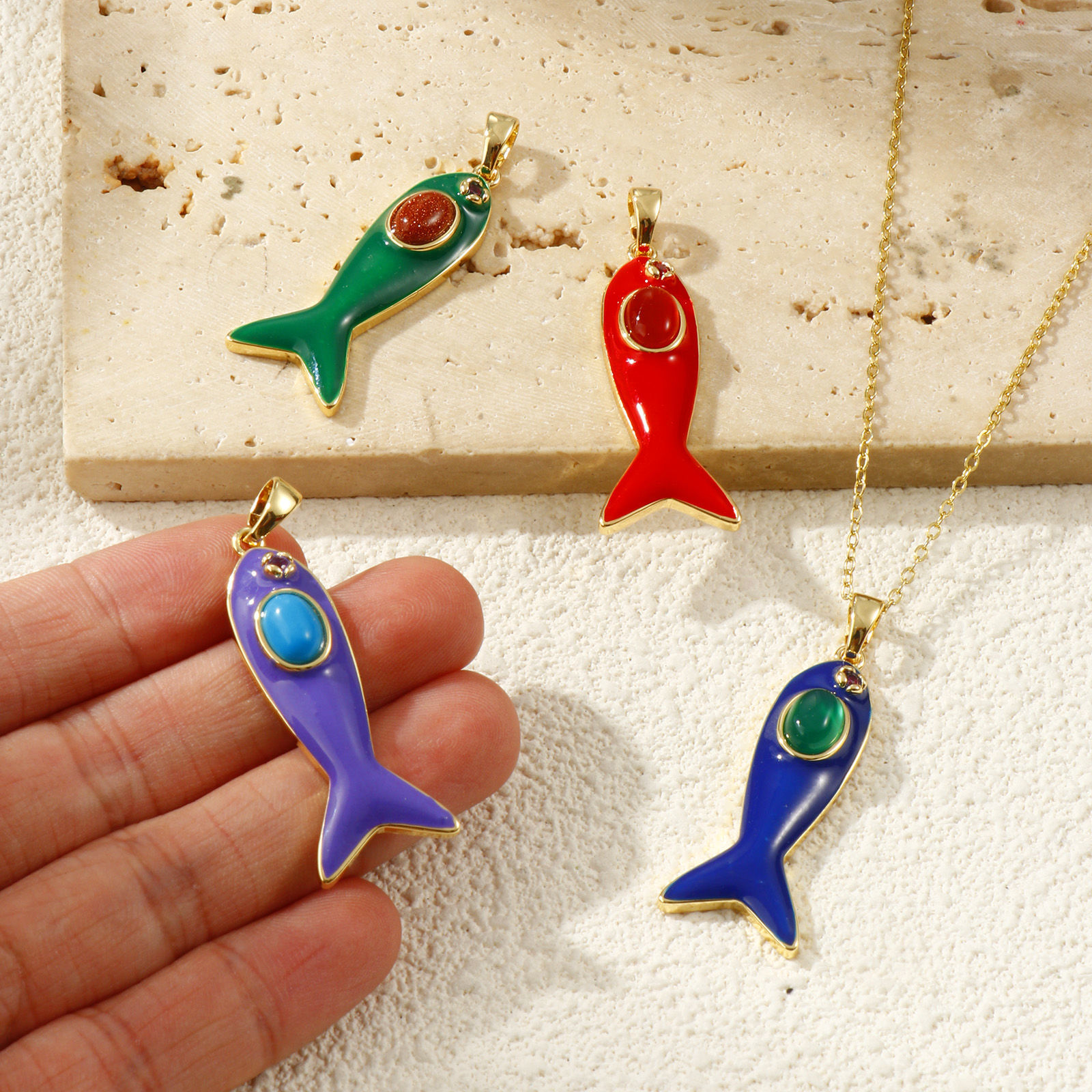 Picture of Eco-friendly Brass & Gemstone Ocean Jewelry Pendants 18K Real Gold Plated Enamel Fish Animal Fuchsia Cubic Zirconia 4.5cm x 1.6cm
