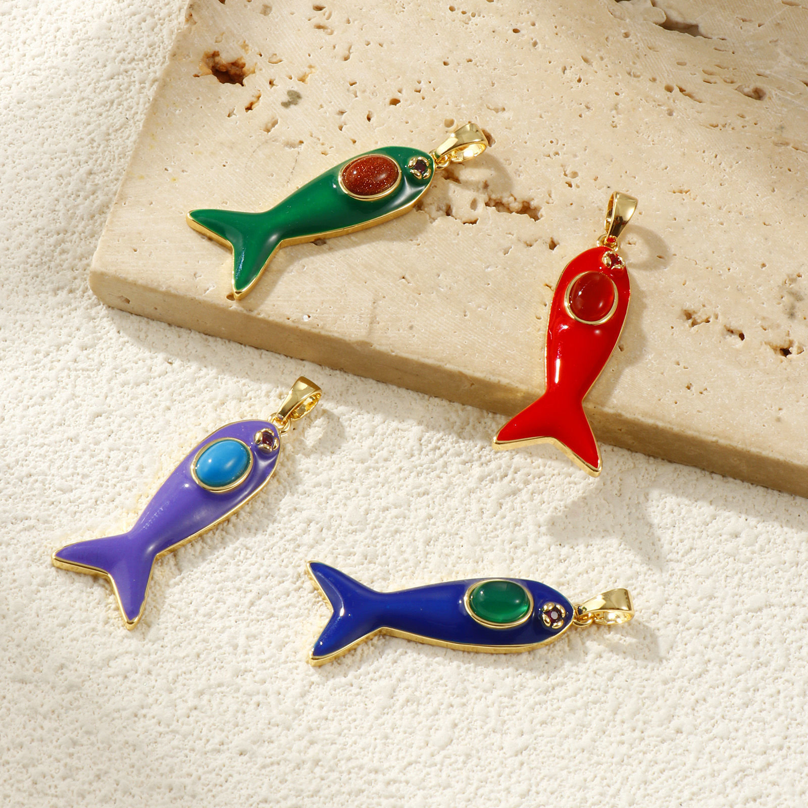 Picture of Eco-friendly Brass & Gemstone Ocean Jewelry Pendants 18K Real Gold Plated Enamel Fish Animal Fuchsia Cubic Zirconia 4.5cm x 1.6cm