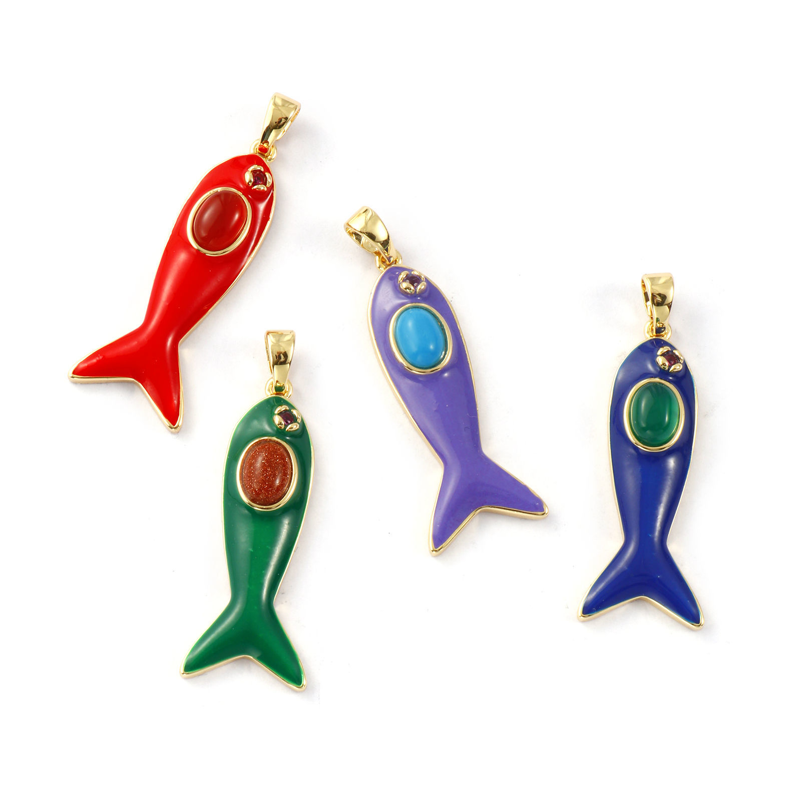 Picture of Eco-friendly Brass & Gemstone Ocean Jewelry Pendants 18K Real Gold Plated Enamel Fish Animal Fuchsia Cubic Zirconia 4.5cm x 1.6cm