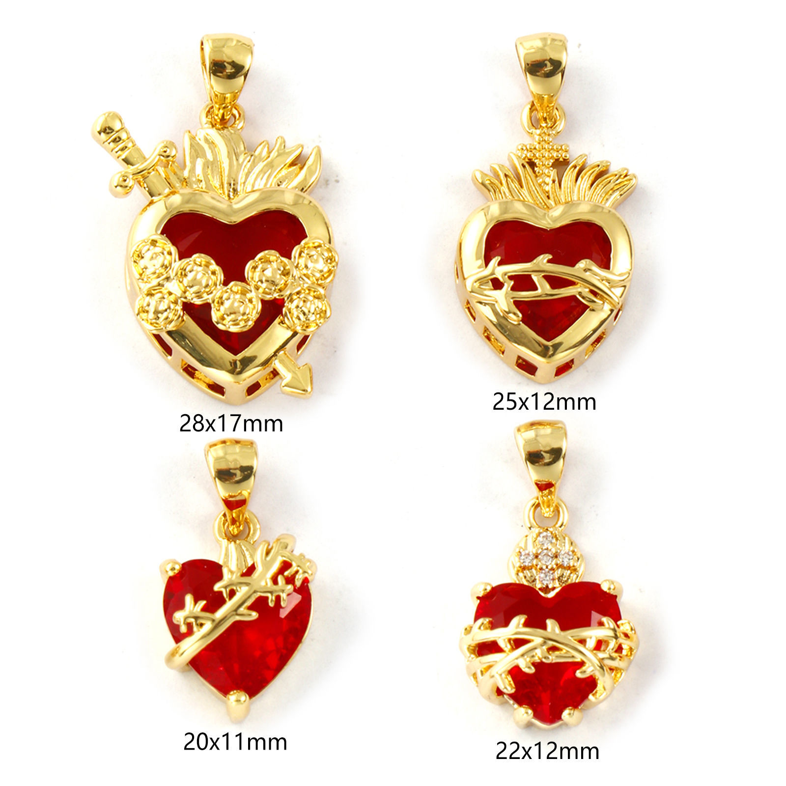 Picture of Eco-friendly Brass Religious Charm Pendant 18K Real Gold Plated Ex Voto Heart Red Cubic Zirconia