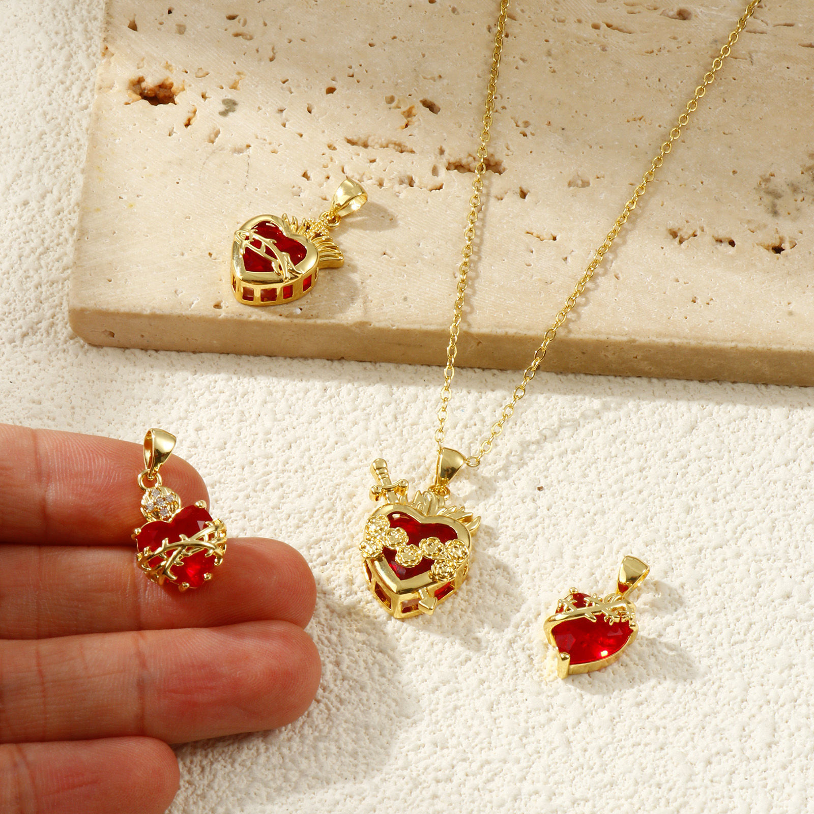 Picture of Eco-friendly Brass Religious Charm Pendant 18K Real Gold Plated Ex Voto Heart Red Cubic Zirconia