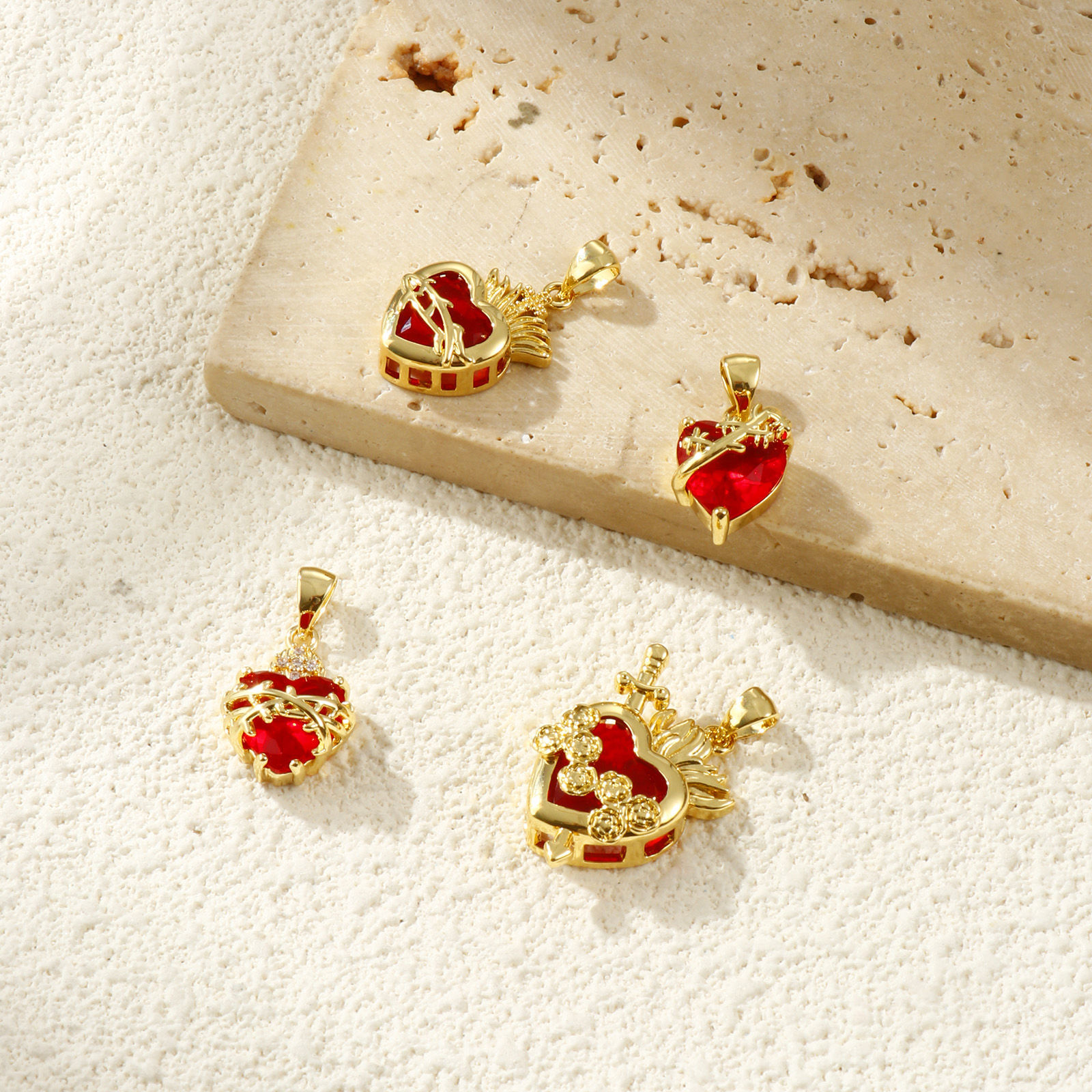 Picture of Eco-friendly Brass Religious Charm Pendant 18K Real Gold Plated Ex Voto Heart Red Cubic Zirconia