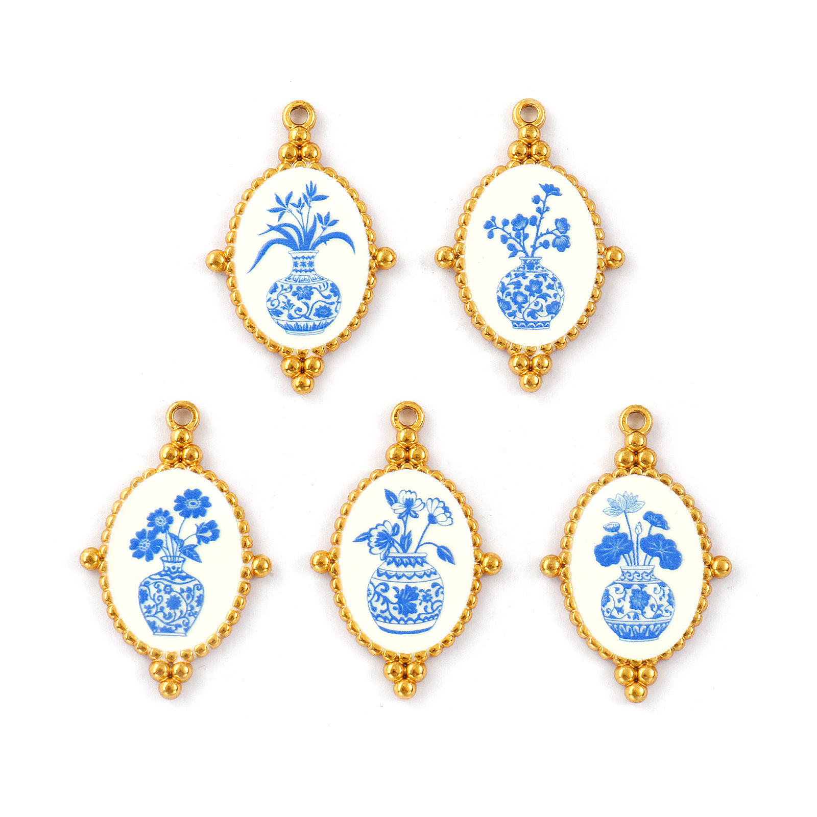 Picture of 2 PCs Eco-friendly PVD Vacuum Plating 304 Stainless Steel Pendants 18K Real Gold Plated Blue Oval Flower Printed 3.2cm x 2.1cm