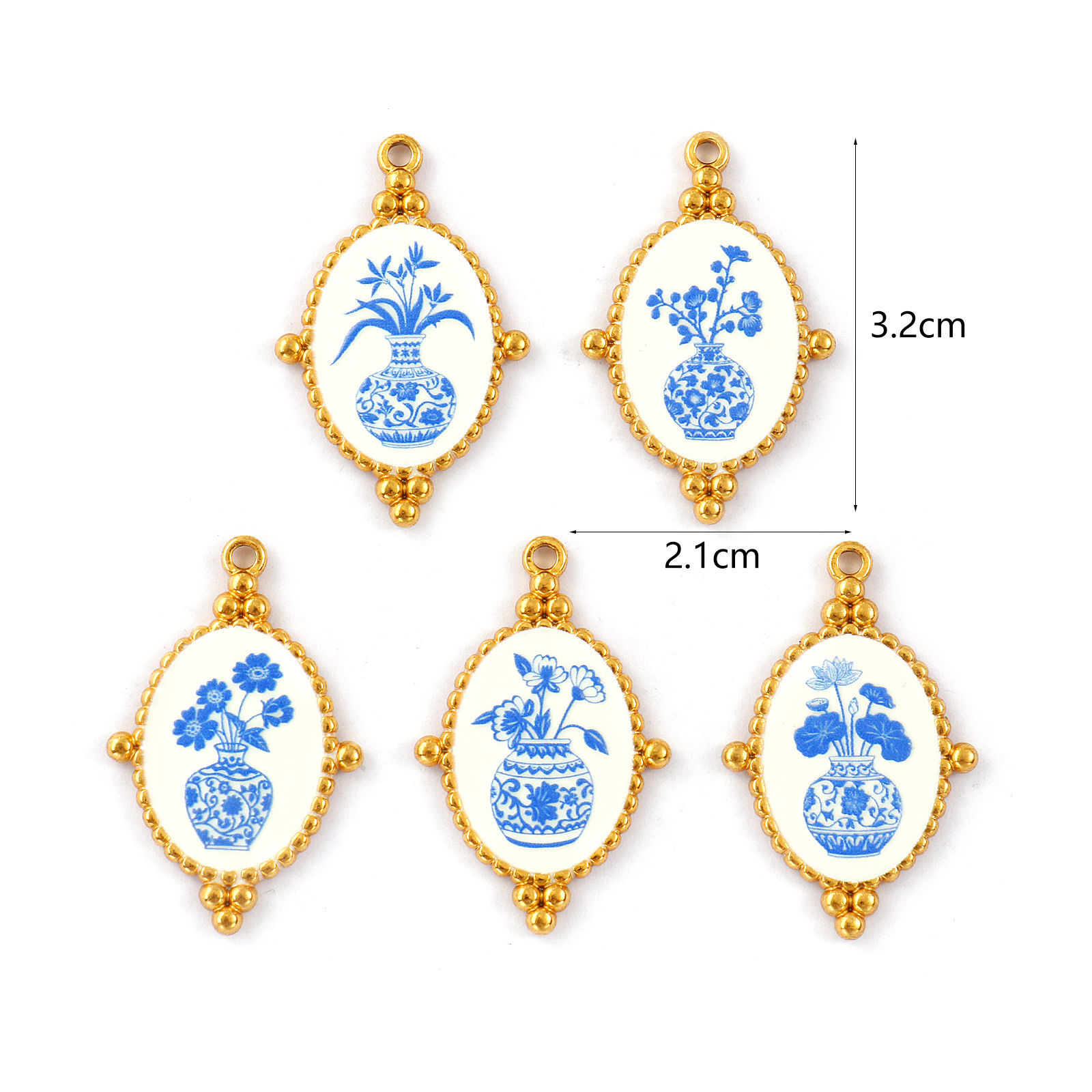 Picture of 2 PCs Eco-friendly PVD Vacuum Plating 304 Stainless Steel Pendants 18K Real Gold Plated Blue Oval Flower Printed 3.2cm x 2.1cm