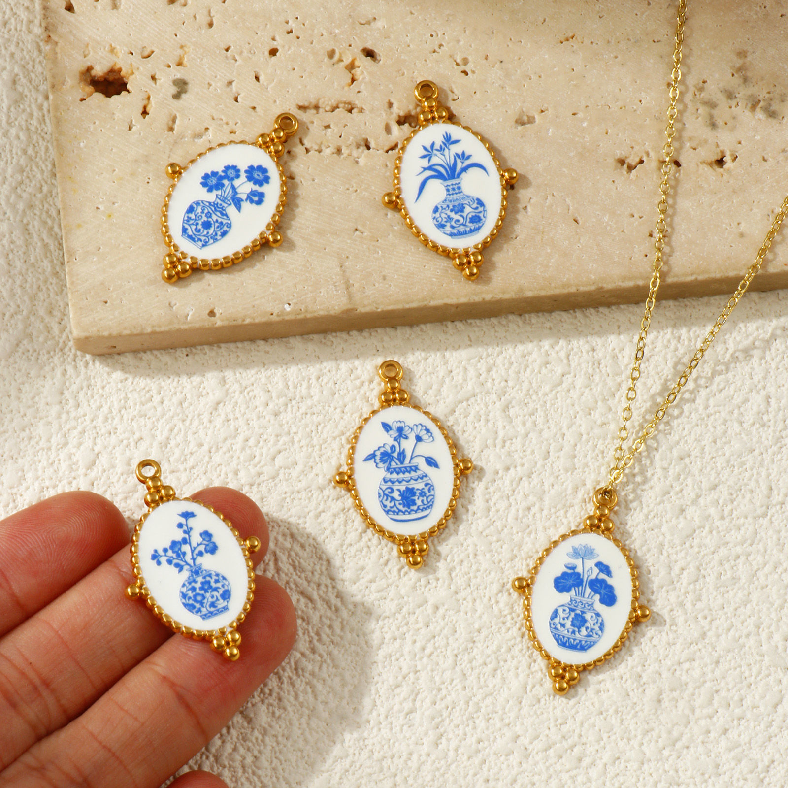 Picture of 2 PCs Eco-friendly PVD Vacuum Plating 304 Stainless Steel Pendants 18K Real Gold Plated Blue Oval Flower Printed 3.2cm x 2.1cm