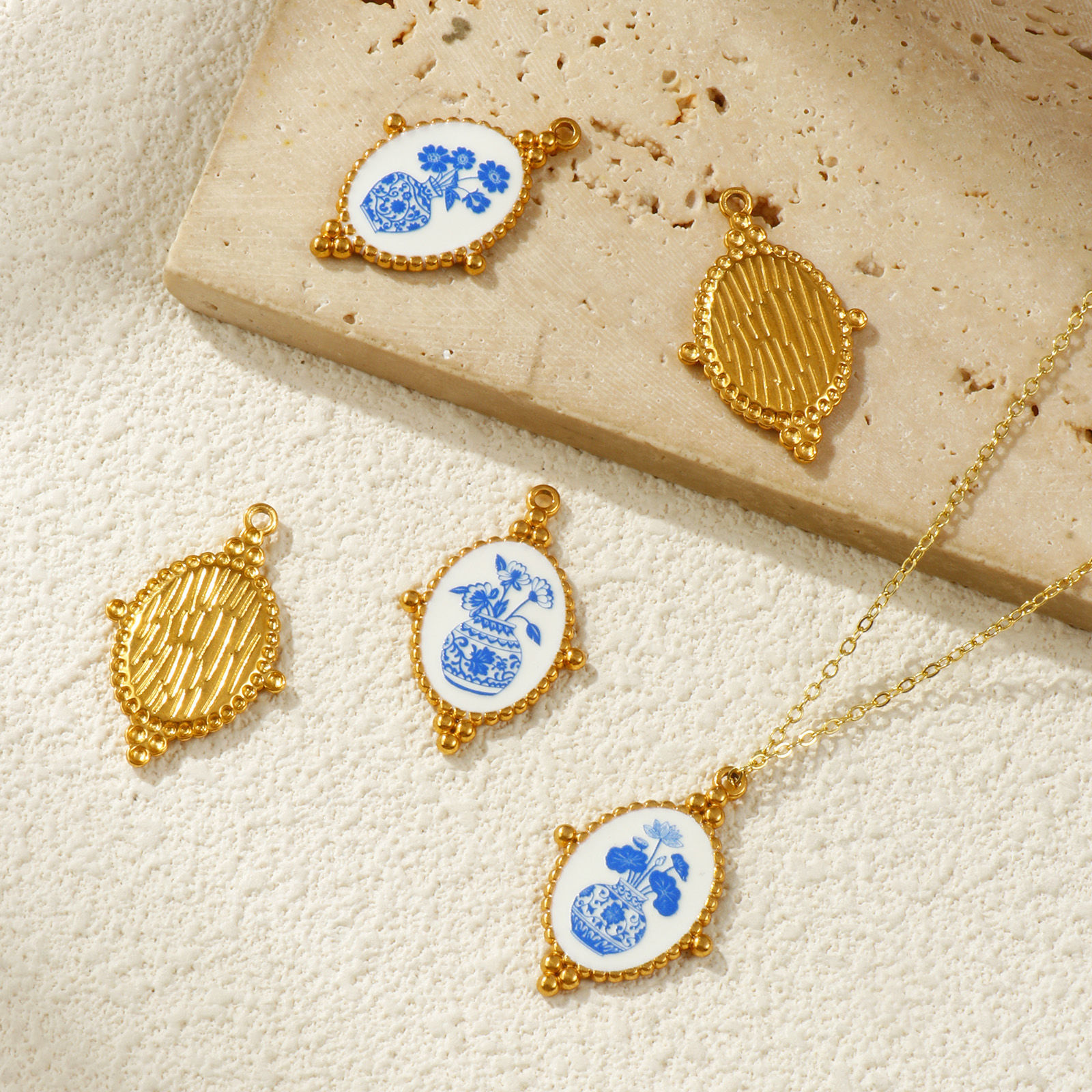 Picture of 2 PCs Eco-friendly PVD Vacuum Plating 304 Stainless Steel Pendants 18K Real Gold Plated Blue Oval Flower Printed 3.2cm x 2.1cm