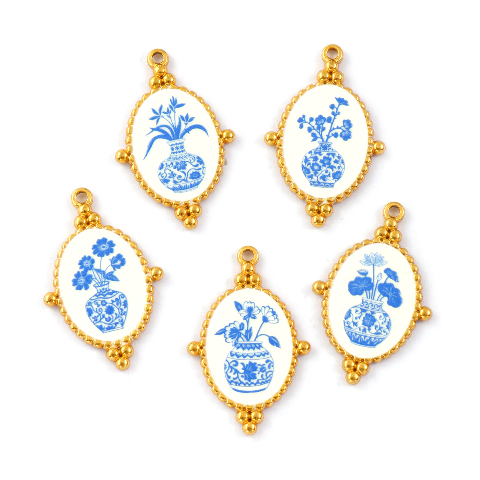 Picture of 2 PCs Eco-friendly PVD Vacuum Plating 304 Stainless Steel Pendants 18K Real Gold Plated Blue Oval Flower Printed 3.2cm x 2.1cm